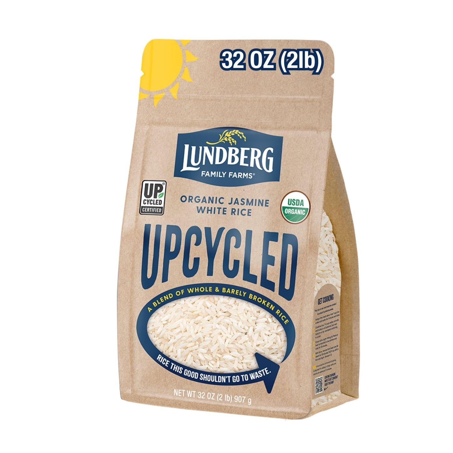 Lundberg Upcycled Organic Jasmine White Rice - Light & Fluffy, Gluten Free, Resealable 2lb Bag (Pack of 1)