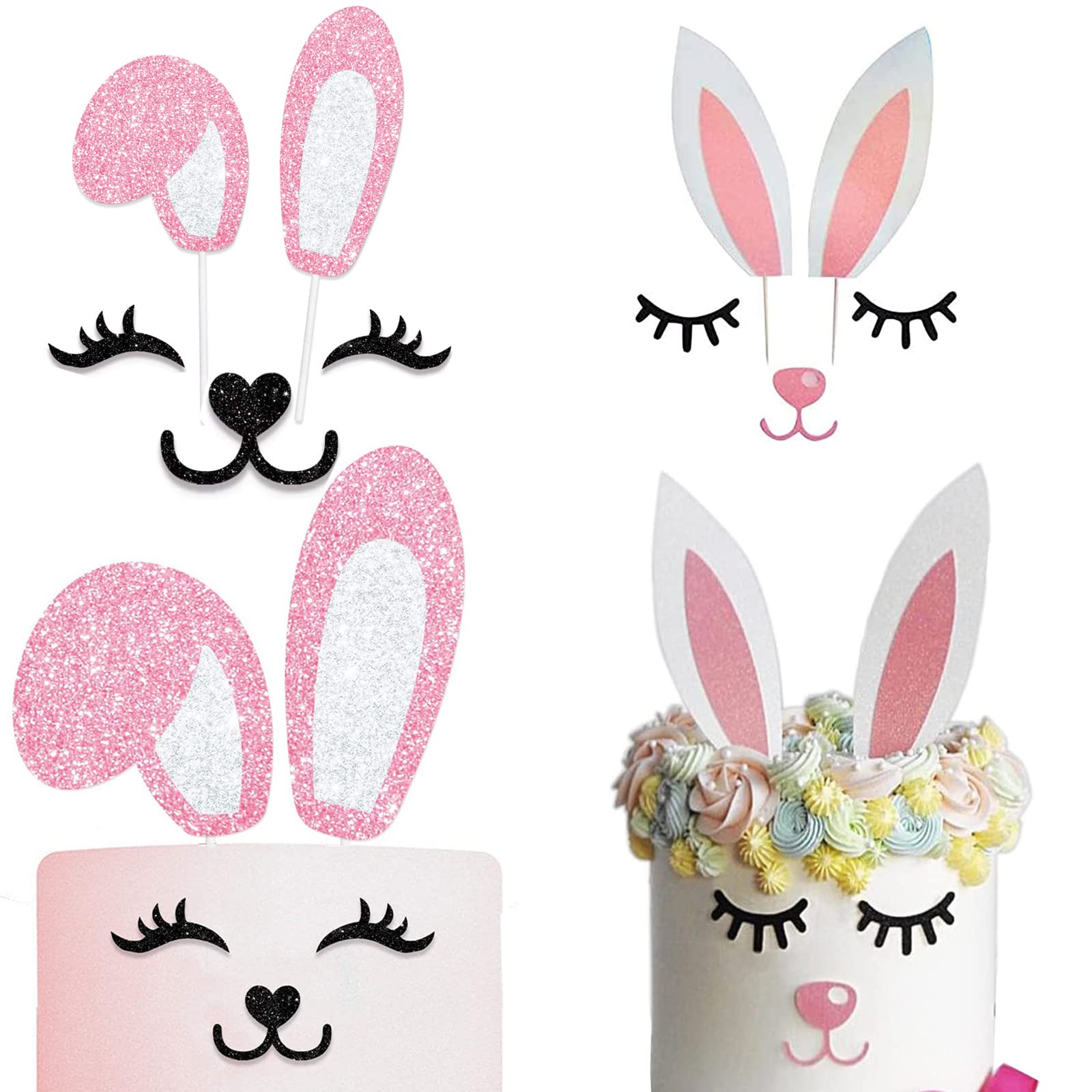 Easter Bunny Cake Toppers Decorations Glitter Bunny Ears Cake Topper With Eyelashes Nose Picks For Easter Rabbit Theme Party Decorations Spring Party Supplies
