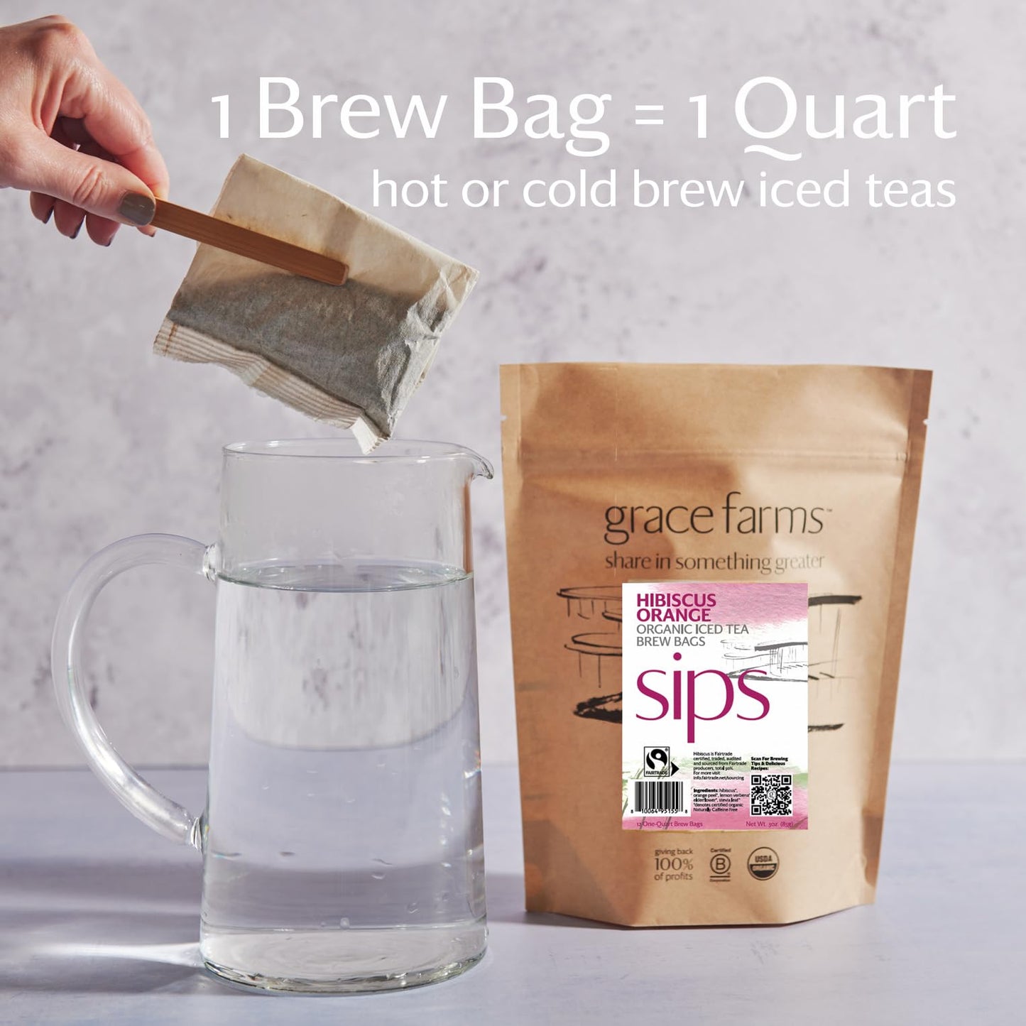 Grace Farms Organic Hibiscus Orange Iced Tea - 12 Brew Bags, 3 Gallons, Naturally Sweet, Sugar-Free, Refreshing Beverage