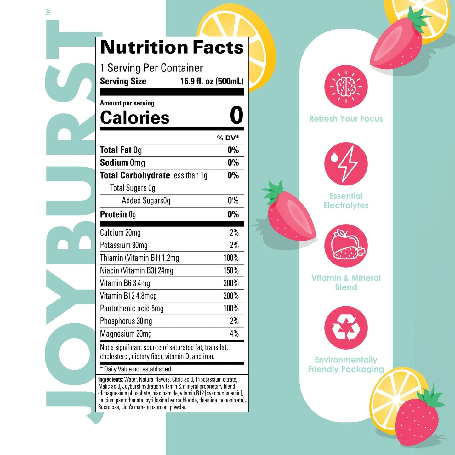 JOYBURST Sugar Free Electrolyte Water, Zero Calorie Hydration Drink, Strawberry-Lemonade, 12 Pack, Eco-friendly Tetra Pak