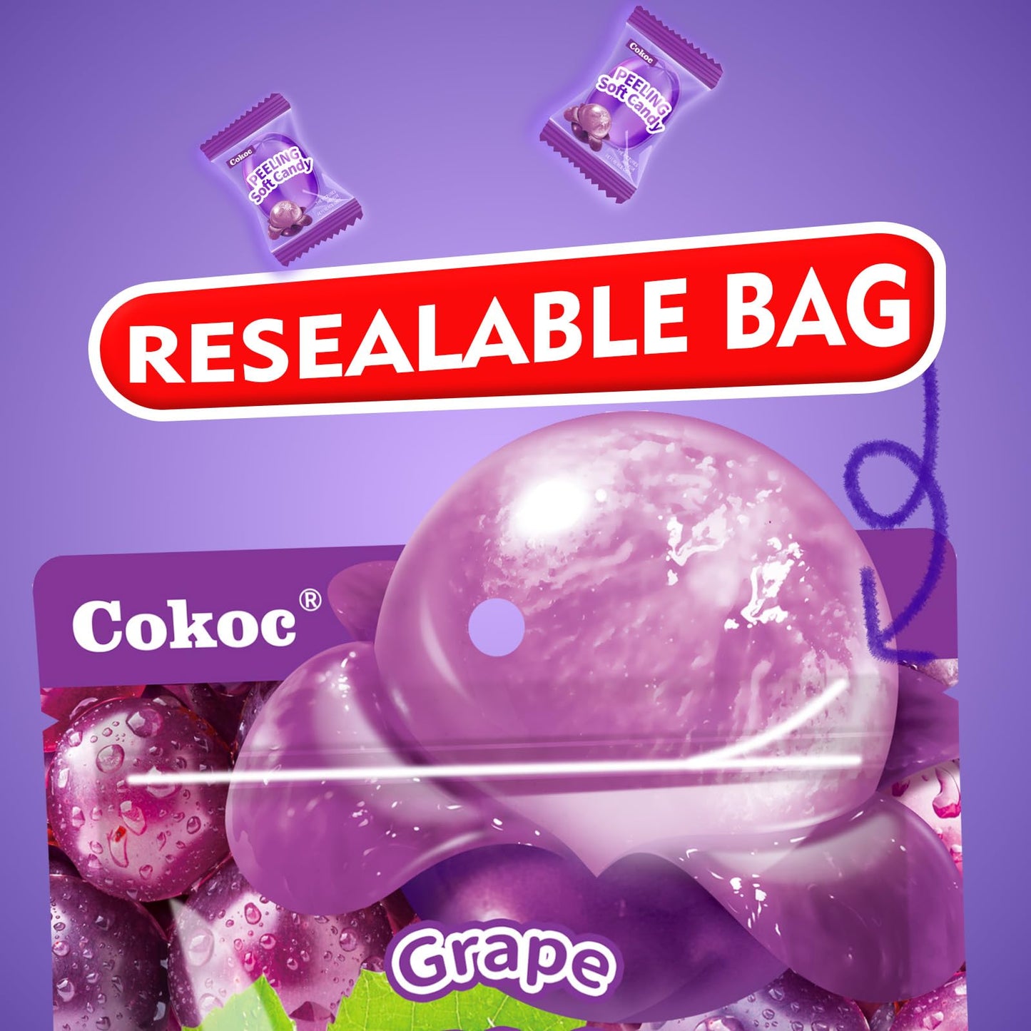 Cokoc Peelable Gummies Grape,Peeling Gummies Grape Candy,Individual Packaging 2.64Oz Bag Fruit Peelable Candy(Pack Of 3)