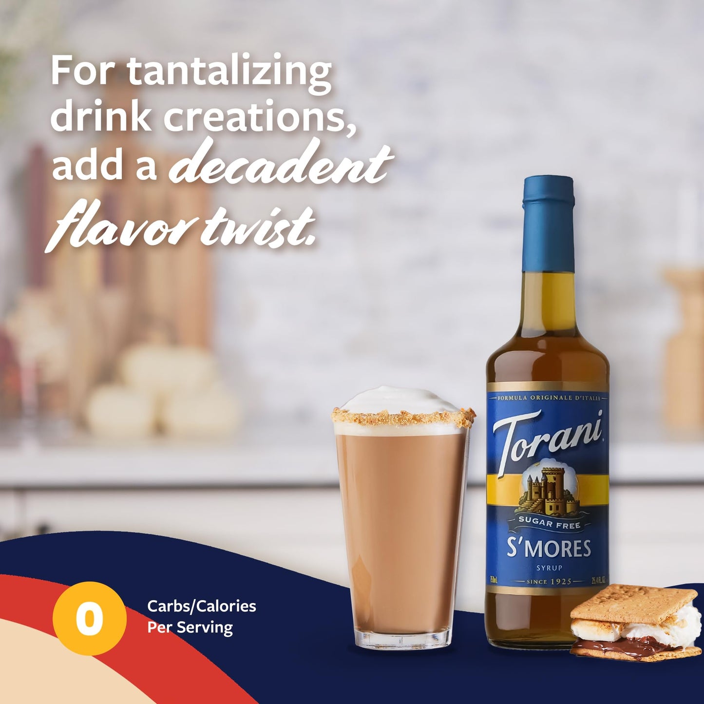 Torani Sugar Free Coffee Syrup, Smores Flavoring For Drinks, Zero Calorie, Glass Bottle With Pump Included, 25.4 Fl Oz