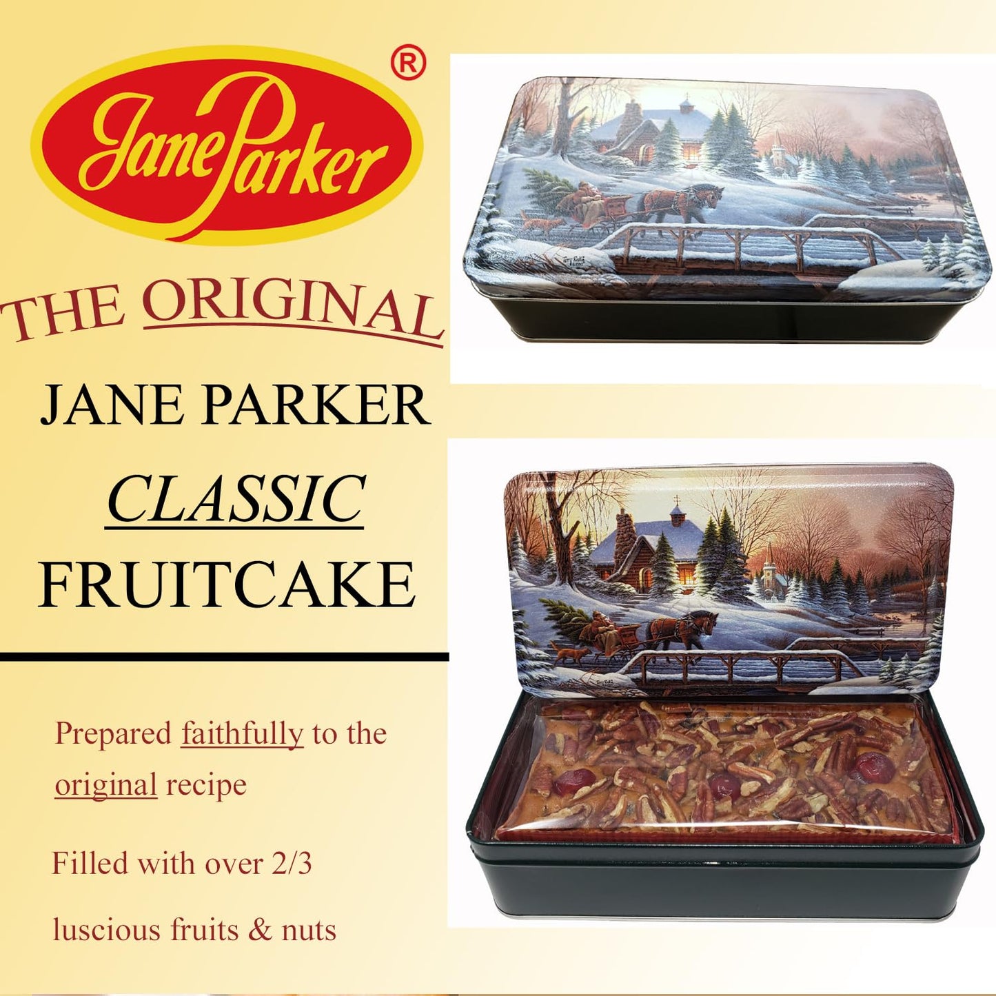 Jane Parker Fruitcake Classic Light Fruit Cake 1 pound (16 Ounce) Loaf in a Collectible Holiday Tin-Holiday Cake-Christmas Cake-