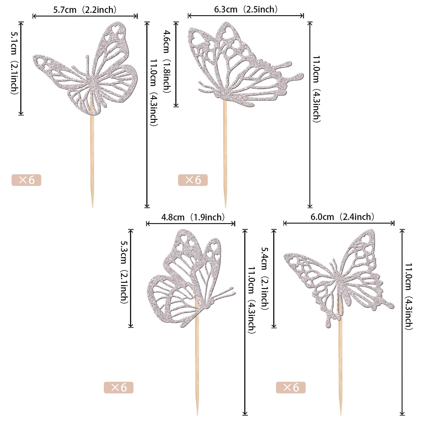 Rssta i Butterfly Cupcake Toppers, 24 Pack, Glitter, Silver, Paper, Model XM248-silver, Baby Shower & Kids Birthday Party Decorations