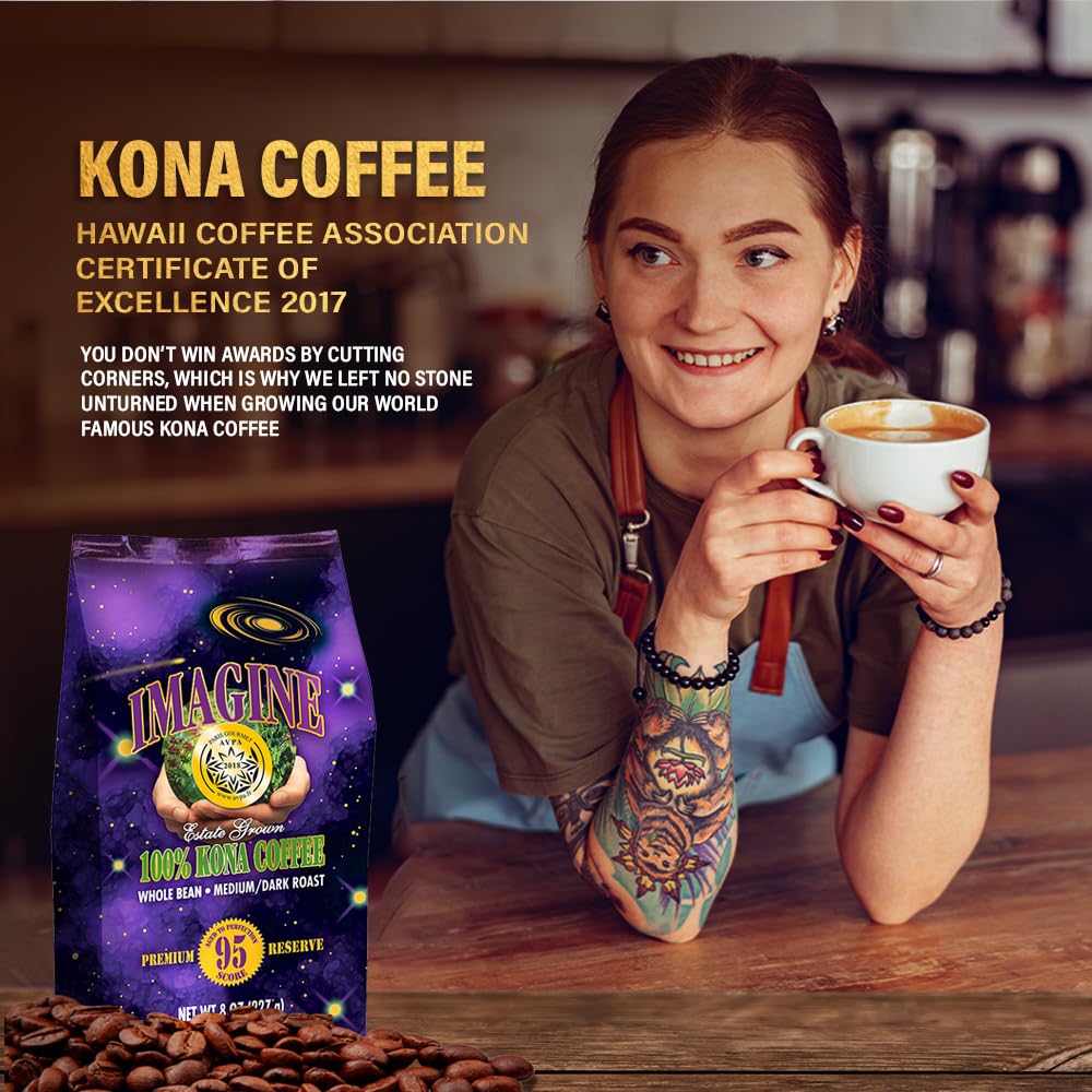 Imagine Kona Organic Coffee Beans | Arabica Kona Beans | Top Grade Air Roasted | Medium Dark Roast | Organic Whole Bean - 16Oz