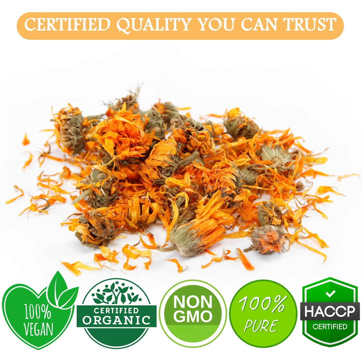 Cure Wid Pure Certified Organic Dried Calendula Flowers | 4 oz Resealable Pack Whole Organic Calendula Flowers for Skincare DIY Remedies & Herbal Tea | Vibrant Color & Aromatic Dried Marigold Flower