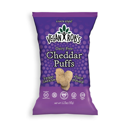 Vegan Robs Puffs, Cheddar | Dairy Free, Made with Vegan Cheese, Gluten-Free Snack, Plant Based, Vegan-Friendly, Non GMO | 1.25 