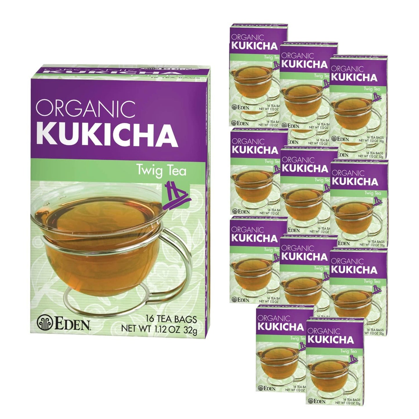 Eden Kukicha Organic Roasted Twig Tea, George Ohsawa Macrobiotic, Low Caffeine, 16 Unbleached Manila Tea Bags/Box (12)