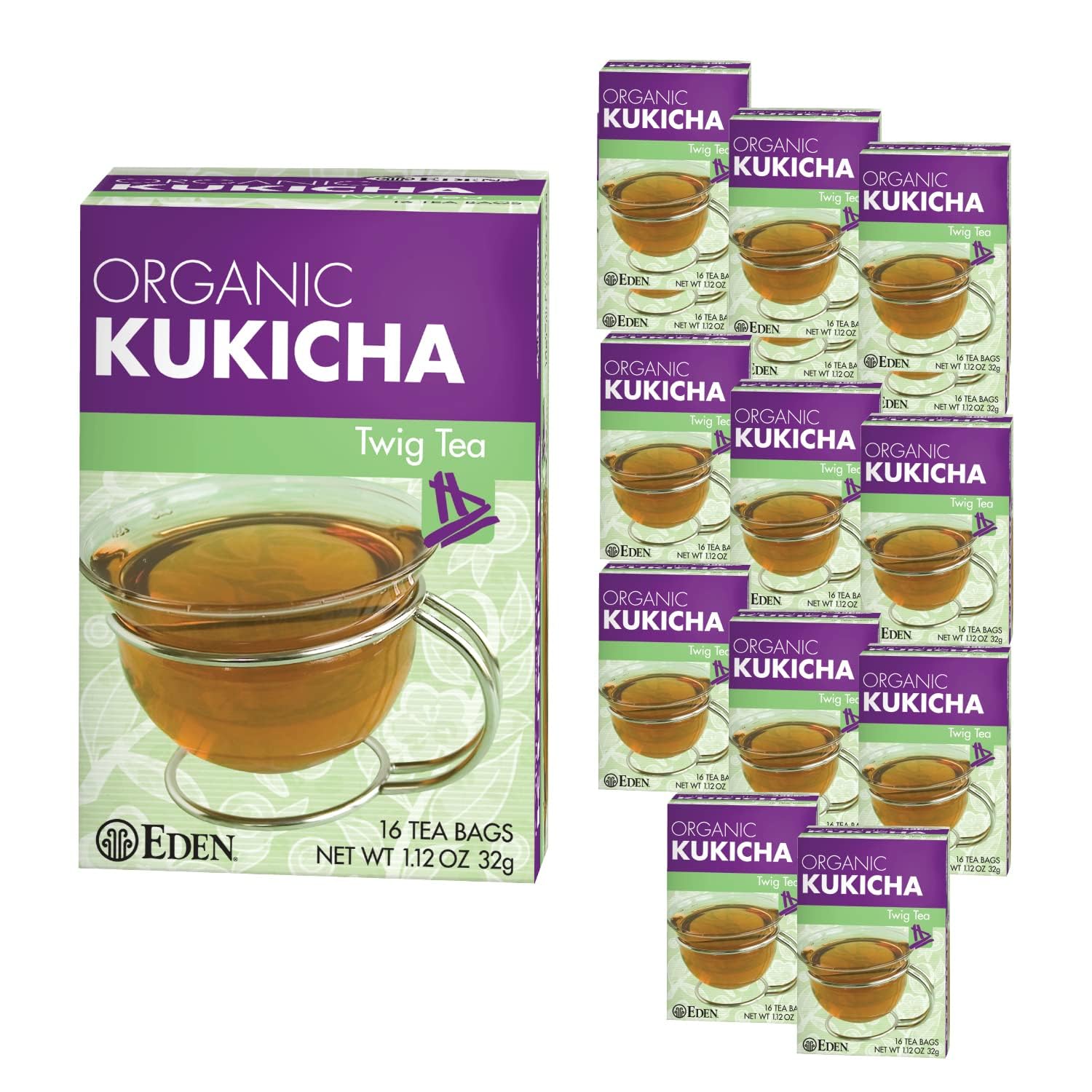 Eden Kukicha Organic Roasted Twig Tea, George Ohsawa Macrobiotic, Low Caffeine, 16 Unbleached Manila Tea Bags/Box (12)