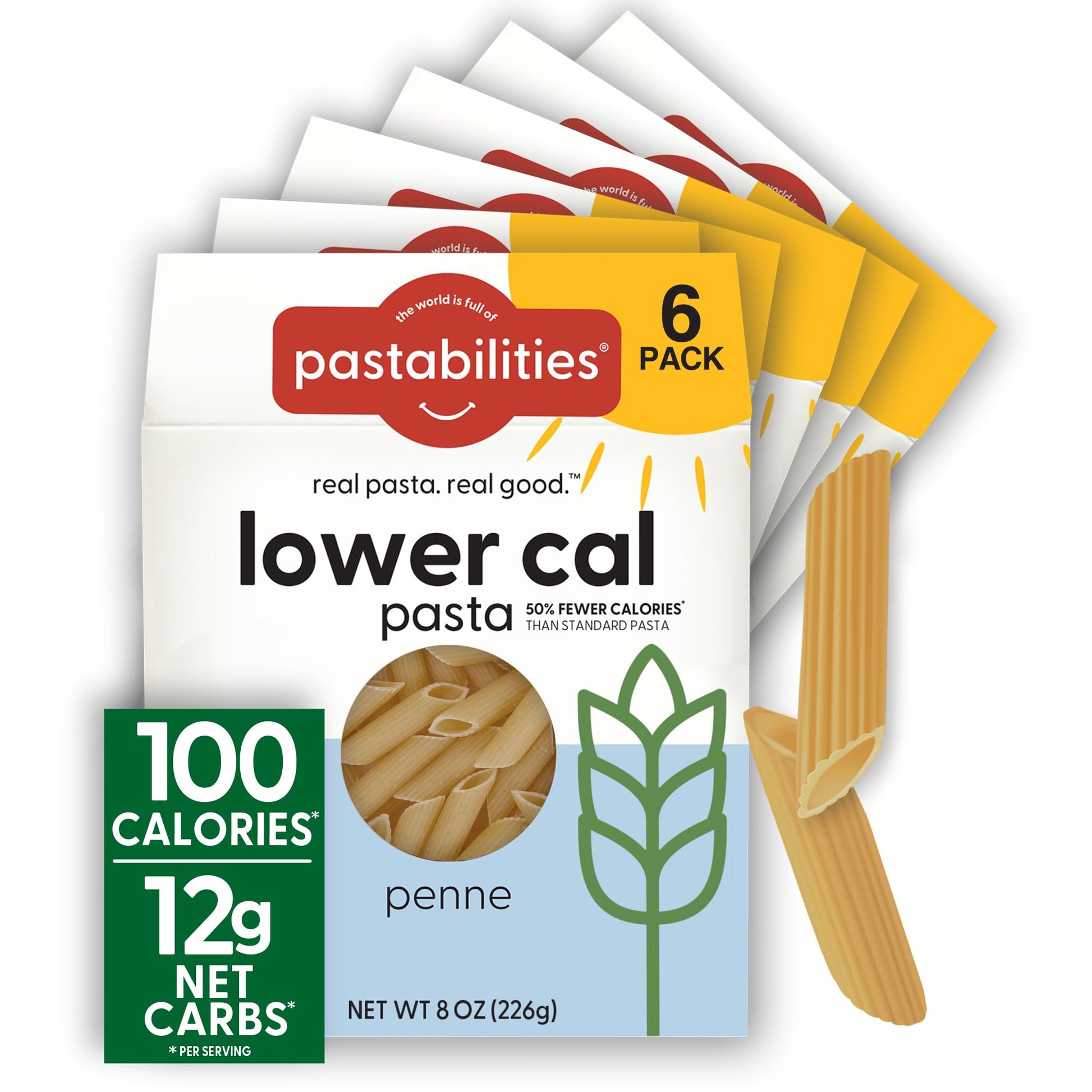 Pastabilities, Lower Calorie Pasta, Penne – 100 Calories/Serving Low Net Carbs, Low Calorie, Non-Gmo, High Fiber, Vegan, Plant-Based, Enhanced Nutrients, Delicious Taste & Texture (8 Ounce, 6 Pack)