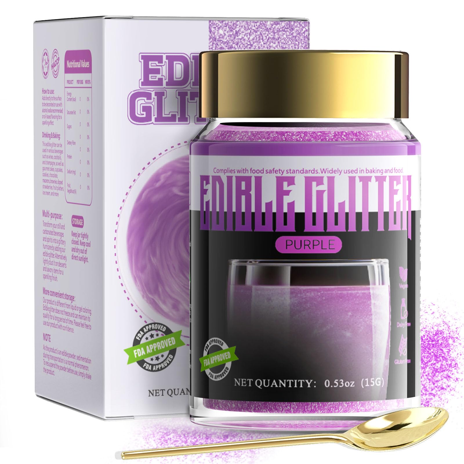 LOCDO Edible Glitter, Food Grade Luster Dust, Vegan, Allergen-Free, Large 15G, Purple