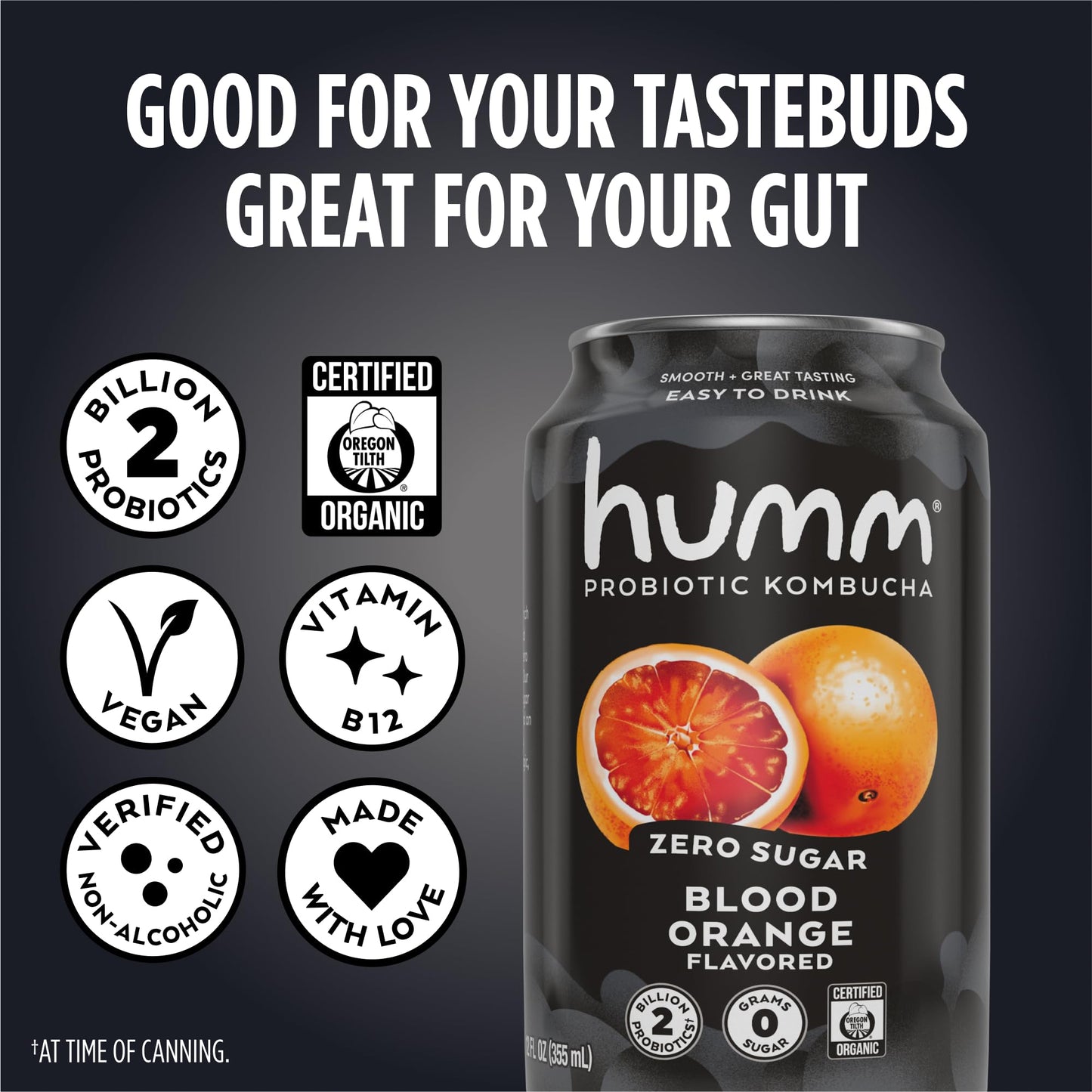 Humm Probiotic Kombucha Zero Sugar Blood Orange, No Refrigeration Needed, Keto Friendly, Organic, Vegan, Gluten Free, 12oz Cans