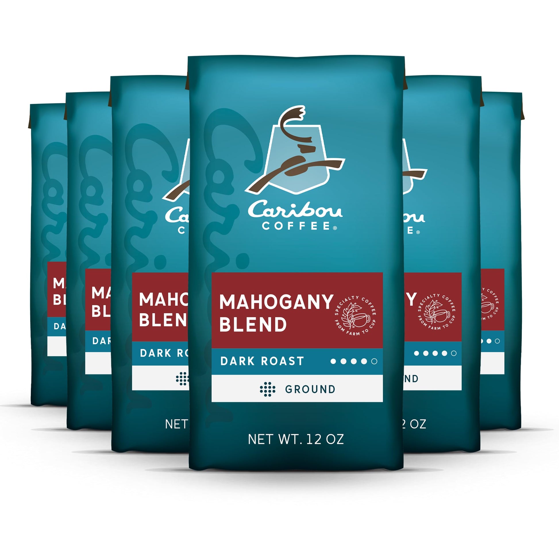 Caribou Coffee, Dark Roast Ground Coffee - Mahogany Blend 72 Ounces (6 Bags of 12 Ounces)
