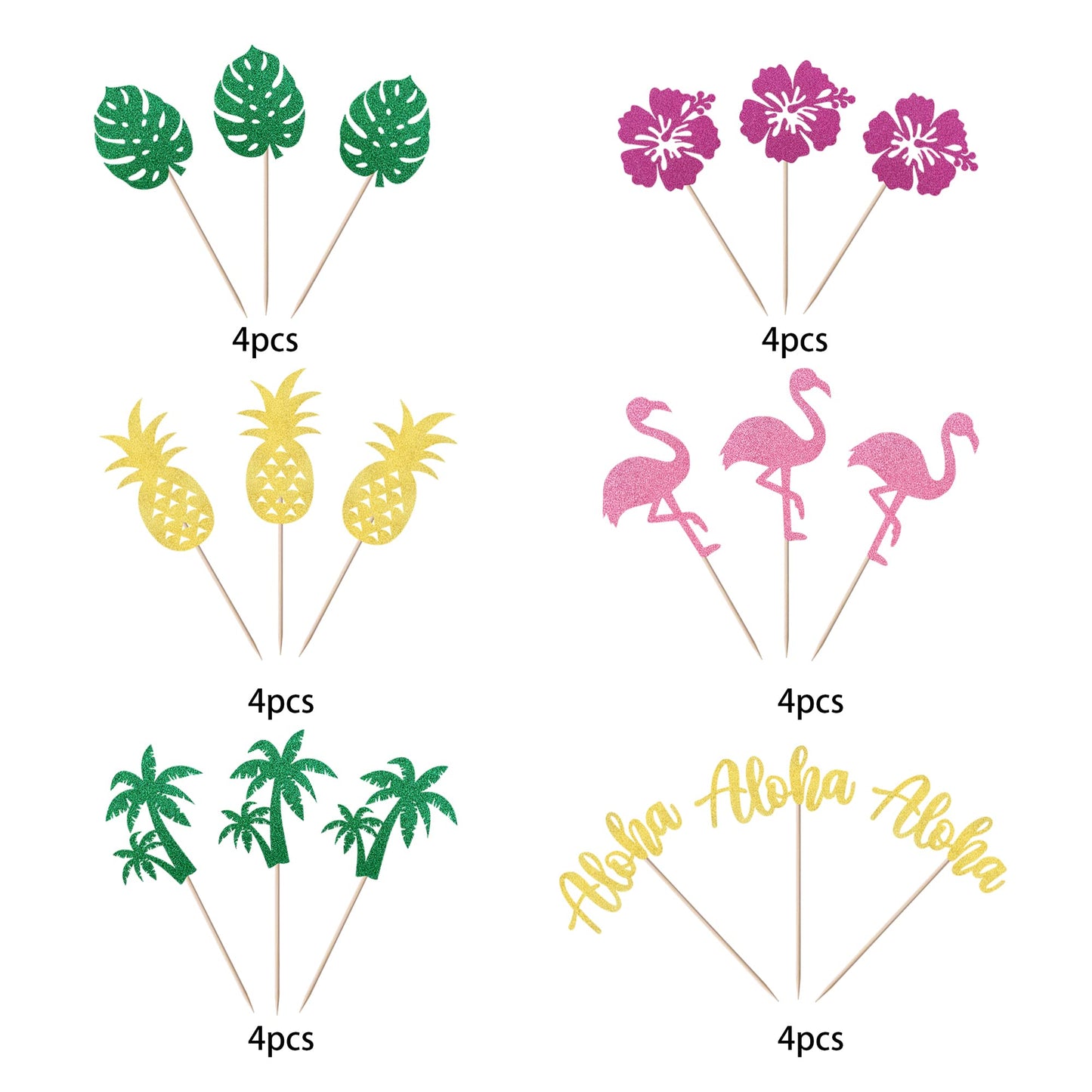 YCTHUNFISH 24 Pack Tropical Cupcake Toppers, Glitter Flamingo & Pineapple Decorations, Bamboo, Aloha Luau Theme, Summer Party Supplies