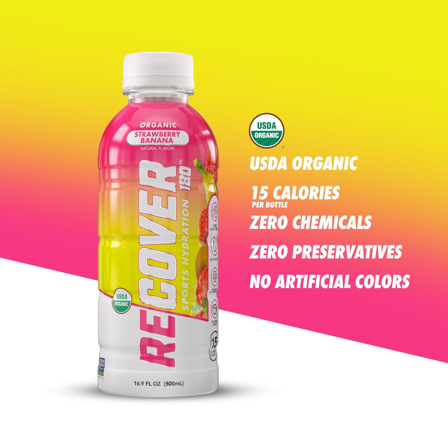 RECOVER 180 Organic Sports Hydration Drink, No Sugar Added, 20 Calories, Strawberry Banana, 16.9 Fl Oz (Pack of 12)
