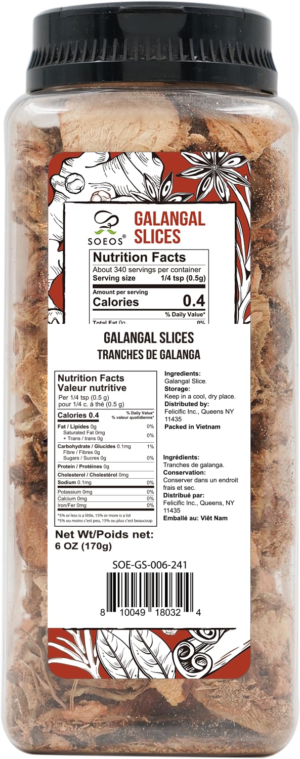 Soeos Galangal Slices 6 Ounces, Non-GMO Verified, Kosher, Great Galangal - Alpinia Galanga, Perfect for Tom Yum and Tom Kha Soup