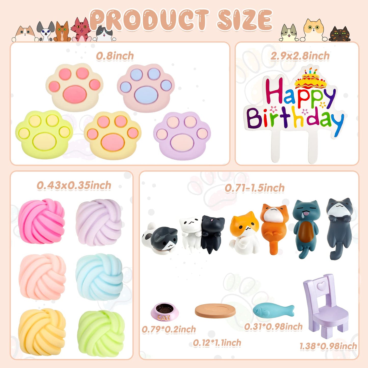 26 Pcs Cat Cake Topper Cute Cat Figurines Cat Happy Birthday Cake Topper Cat Paw Cake Toppers Cat Party Decoration Mini Cat Set