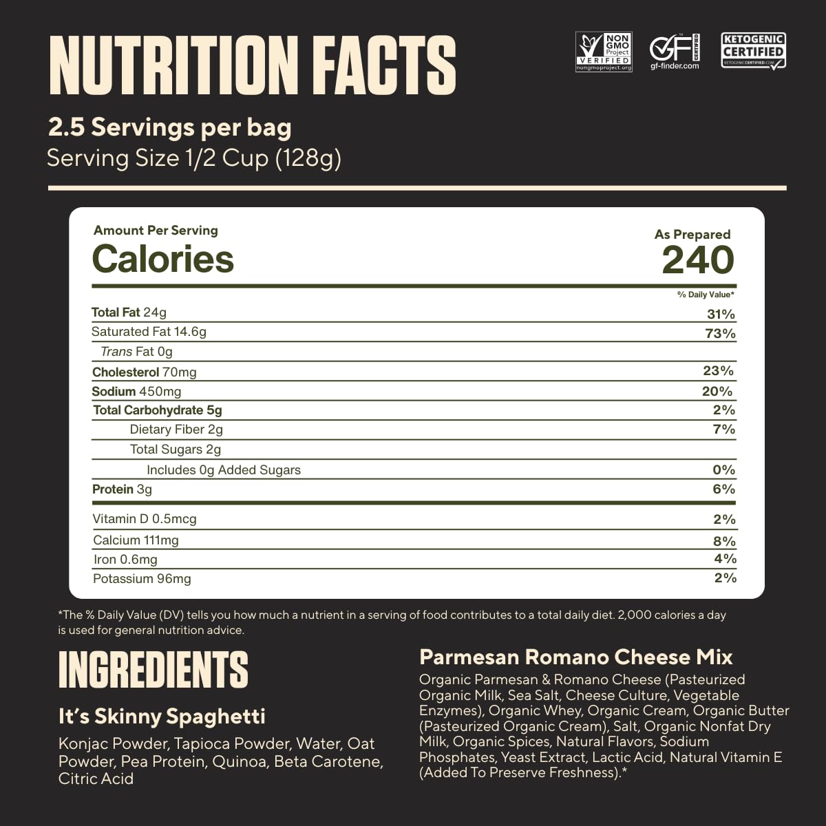 Its Skinny Cacio e Pepe - Low Carb Pasta, Gluten Free, Non-GMO, Keto-Friendly, Only 3 Net Carbs & 2g of Fiber per Serving, with