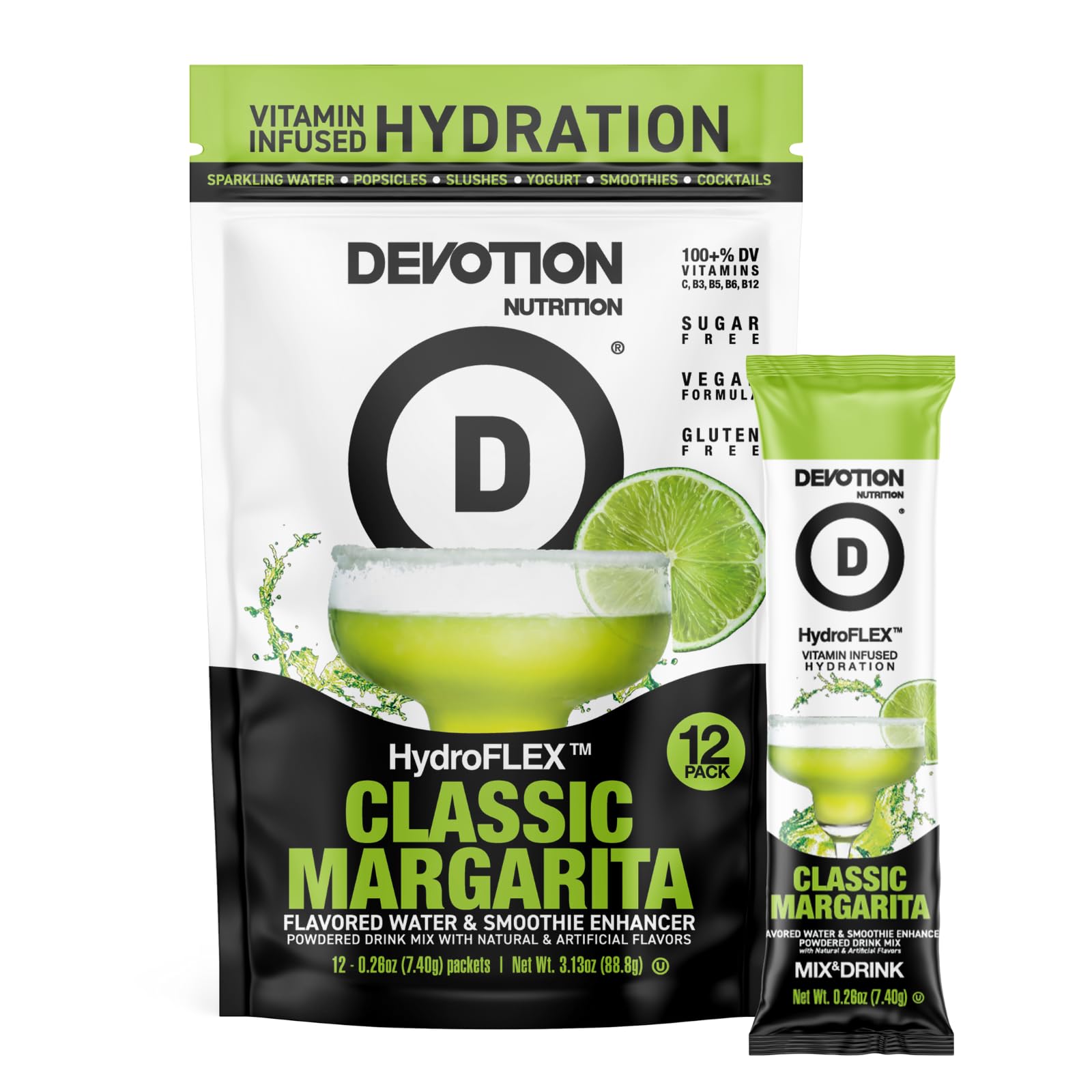 Devotion Nutrition HydroFLEX Sugar-Free Drink Mix, Classic Margarita, 12-Pack, 3.13 oz, Gluten-Free, Dye-Free Hydration with Vitamins & Electrolytes