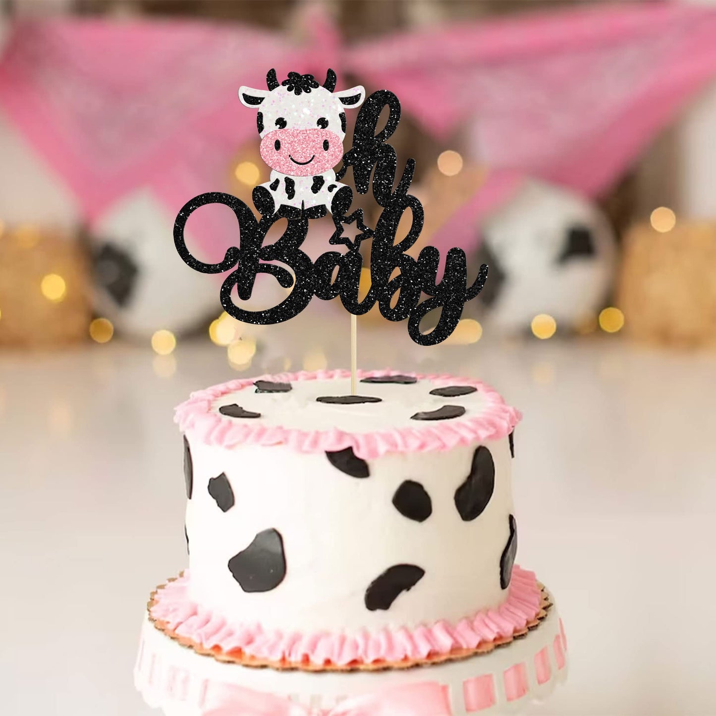 Gyufise 1Pc Cow Oh Baby Cake Topper Glitter Farm Animals Oh Baby Cow Cake Pick For Gender Reveal Theme Baby Shower Kids Boys Gir