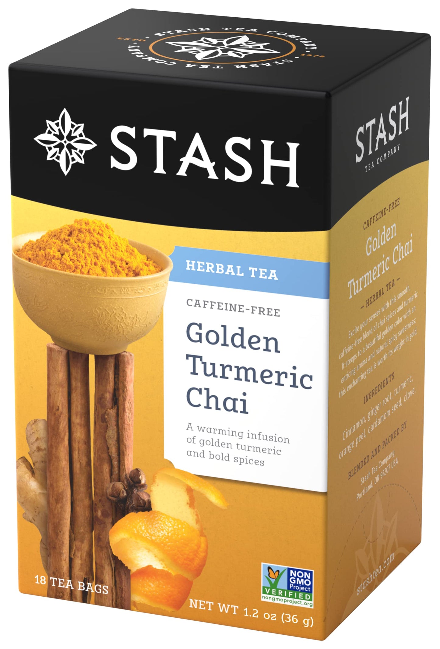 Stash Tea Turmeric Chai Herbal Tea - Naturally Caffeine Free, Non-Gmo Project Verified Enhanced Tea With No Artificial Ingredients, 18 Count (Pack Of 6) - 108 Bags Total