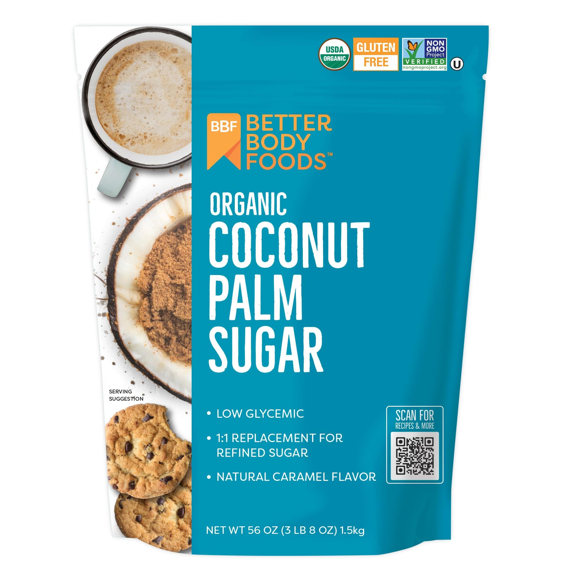 BetterBody Foods Organic Coconut Palm Sugar, Gluten-Free, Non-GMO, Low Glycemic Sugar Substitute, 3.5 lbs, 56 ounces