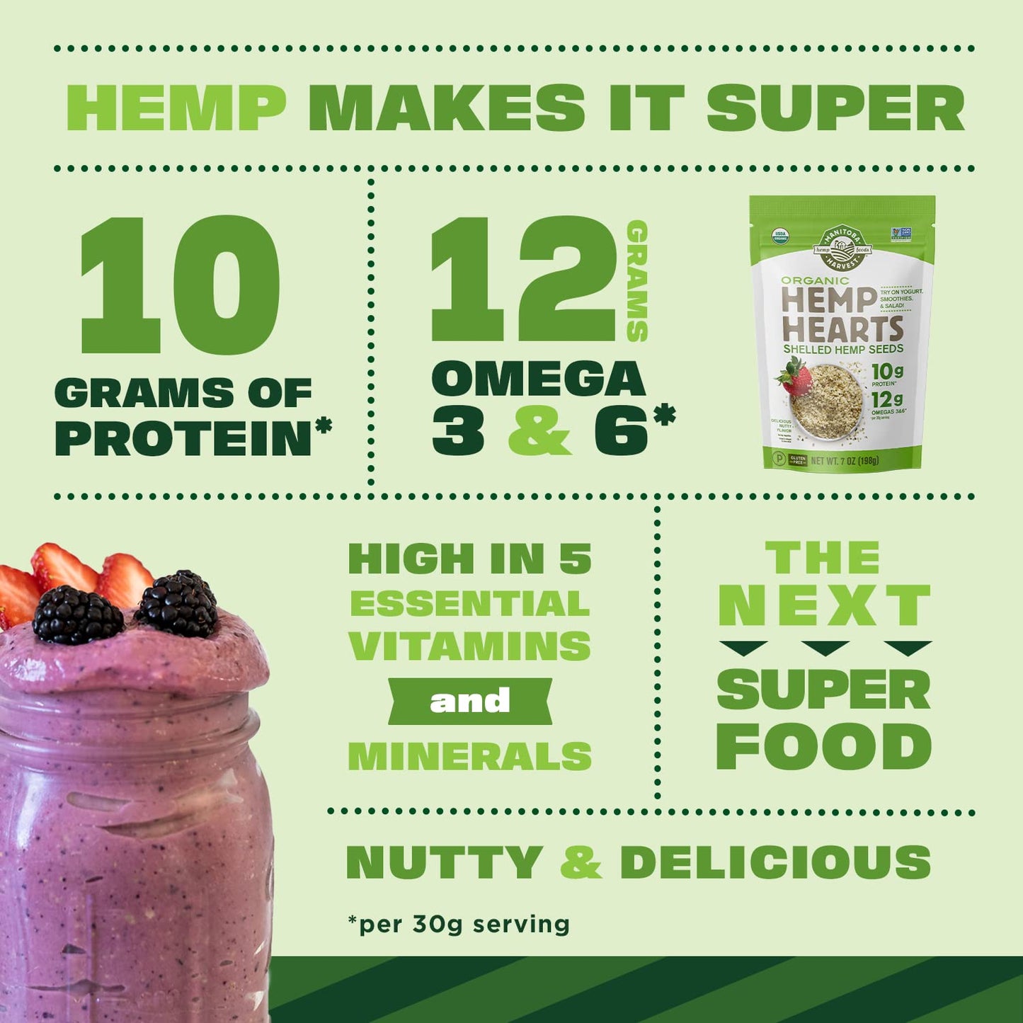 Organic Hemp Seeds, 18oz; 10g Plant Based Protein and 12g Omega 3 & 6 per Srv | smoothies, yogurt & salad | Non-GMO, Vegan, Keto