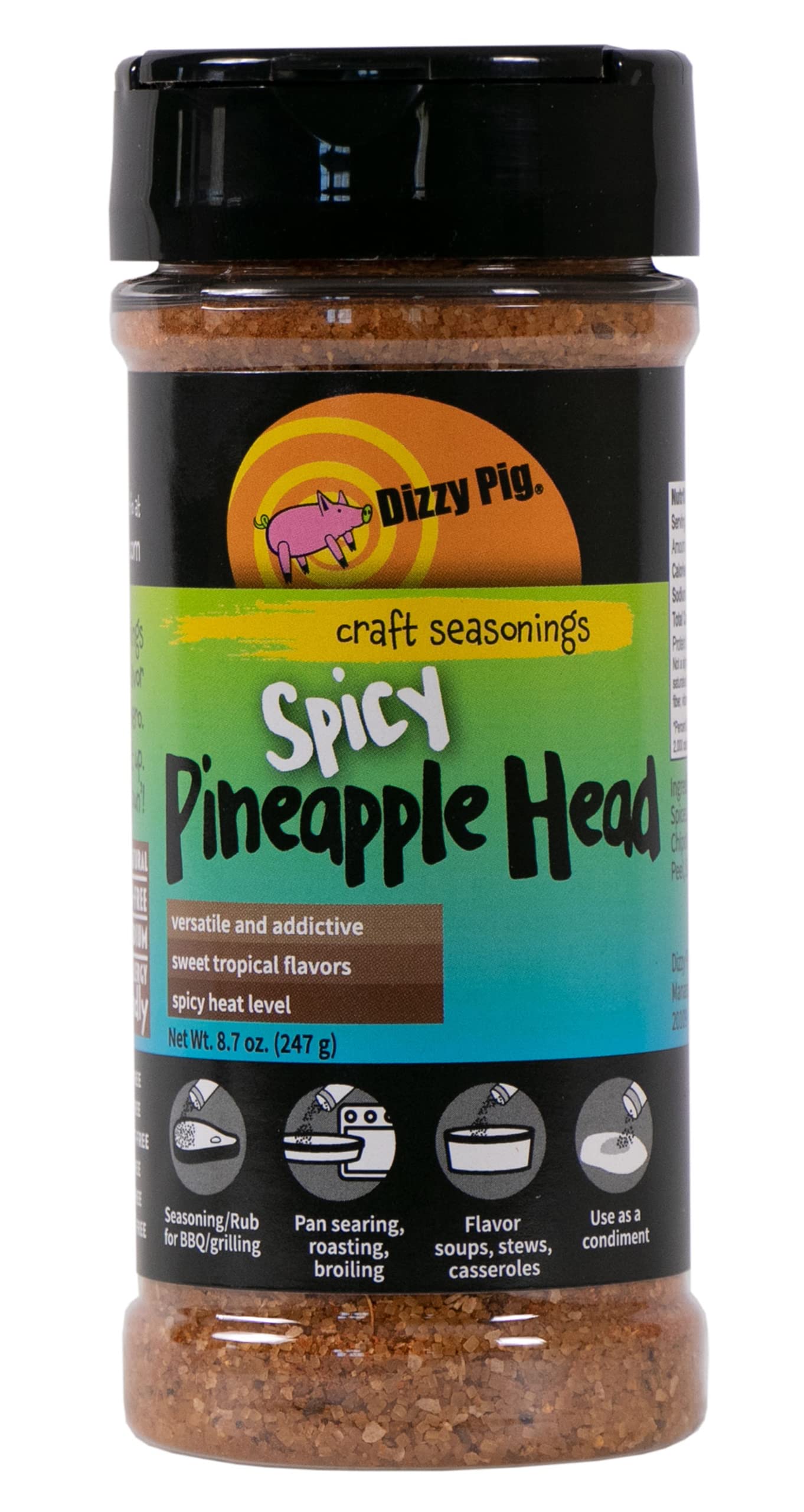 Dizzy Pig Spicy Pineapple Head Tropical Seasoning Rub, 8oz Shaker, Hand Made in the USA, MSG Free, Gluten Free