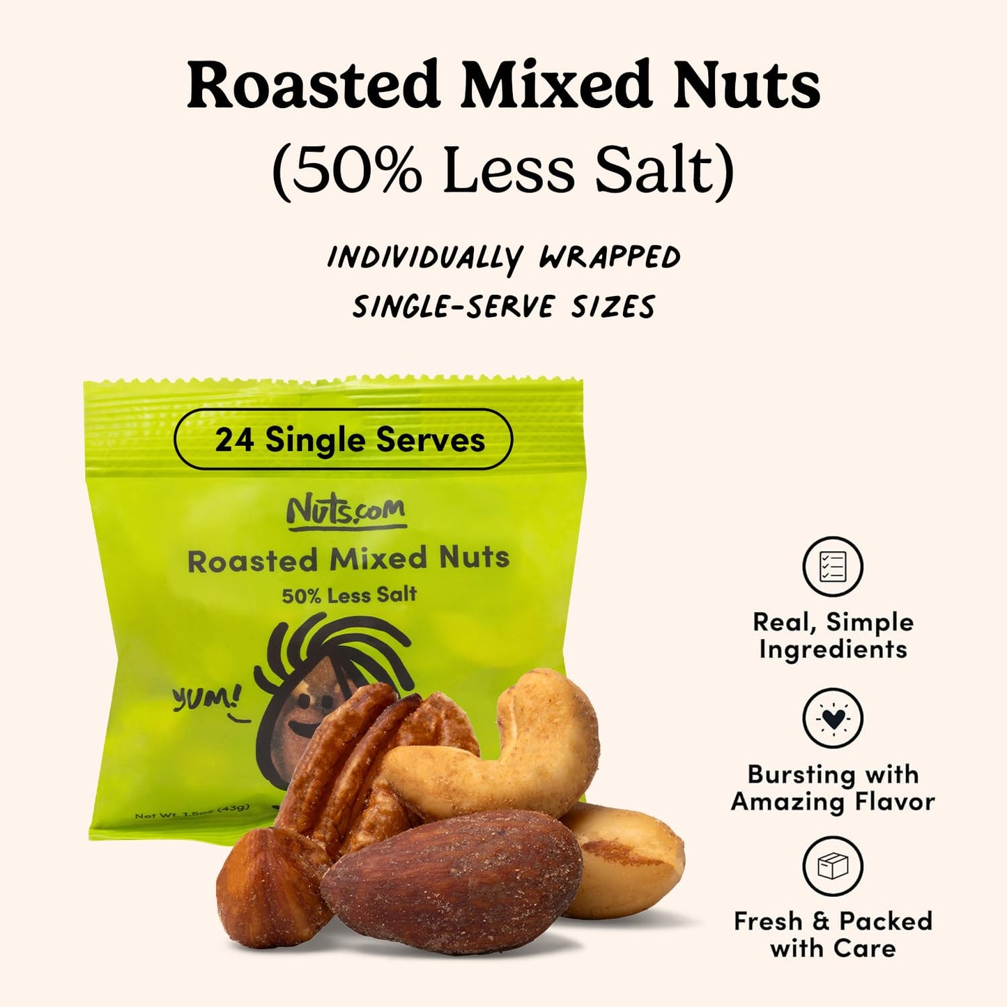 Nuts.com Roasted Mixed Nuts (50% Less Salt) - 24 Single Serve Snack Packs - Almonds  Cashews  Pecans  Brazil Nuts  Hazelnuts - Gluten-Free  Kosher  No Peanuts - Healthy Low Sodium Protein Snack