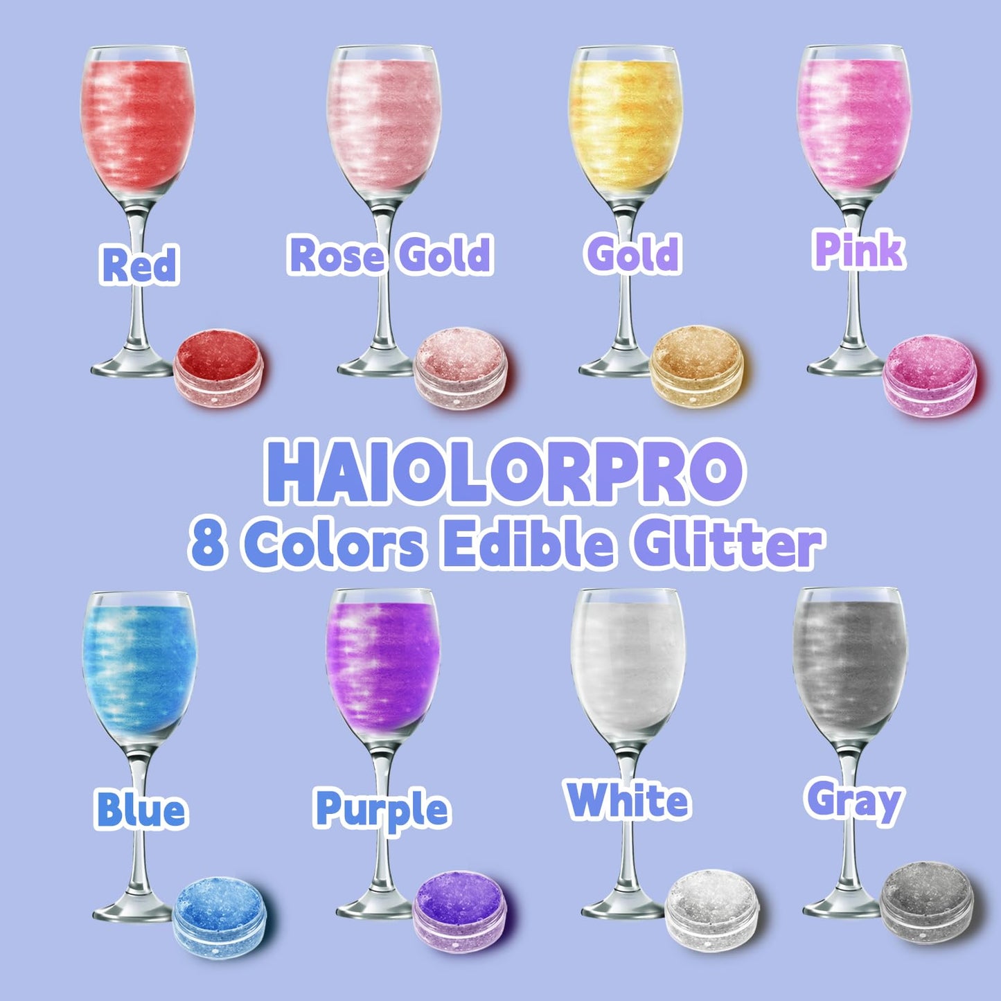 HAIOLORPRO Edible Glitter for Cakes & Drinks, 8 Colors Luster Dust, 3g/Bottle