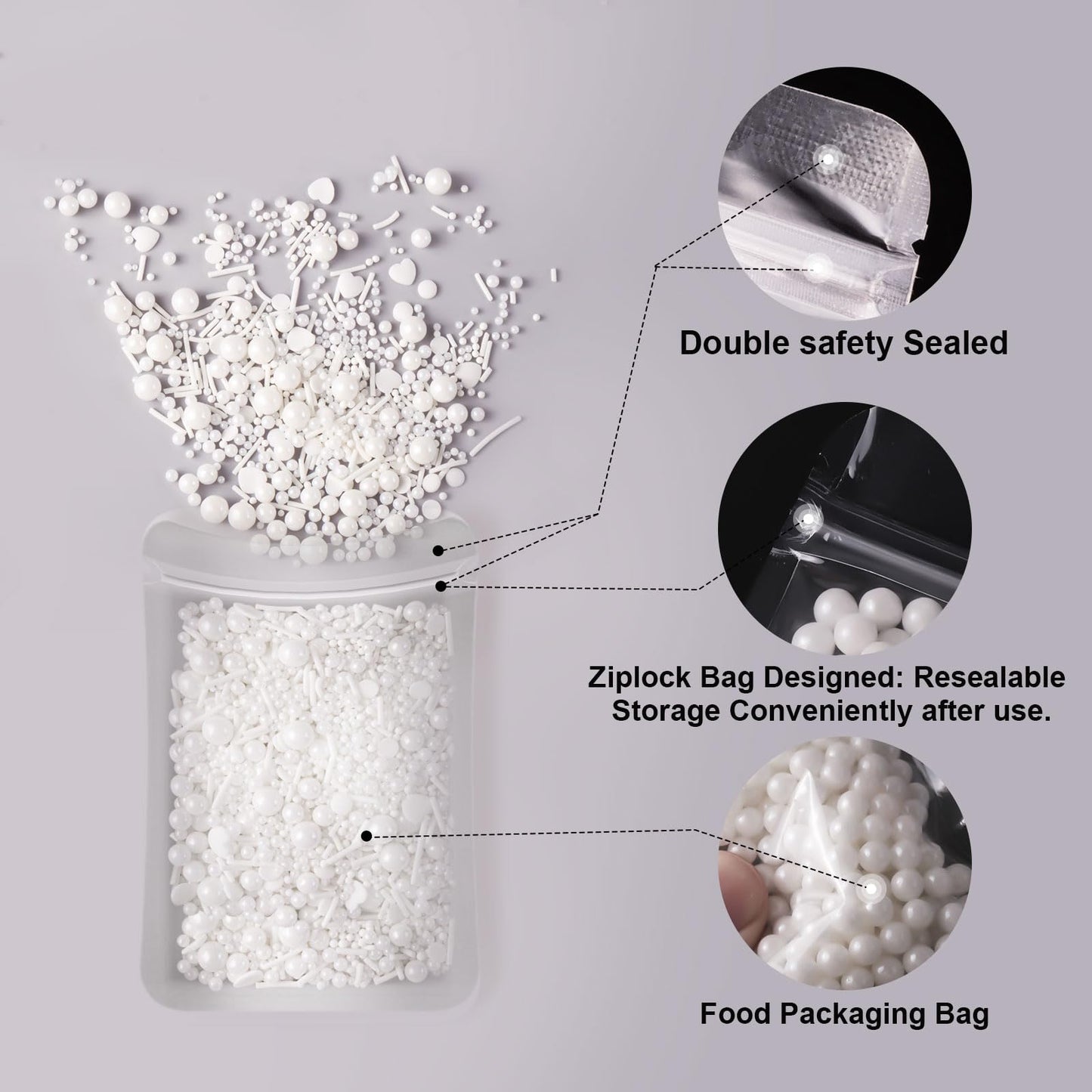 HUEBEATY 6-in-1 White Edible Cake Pearls Sprinkles for Cake Decorating, Cupcakes, Cookies & Ice cream | 180g/6.36oz | White Nonp