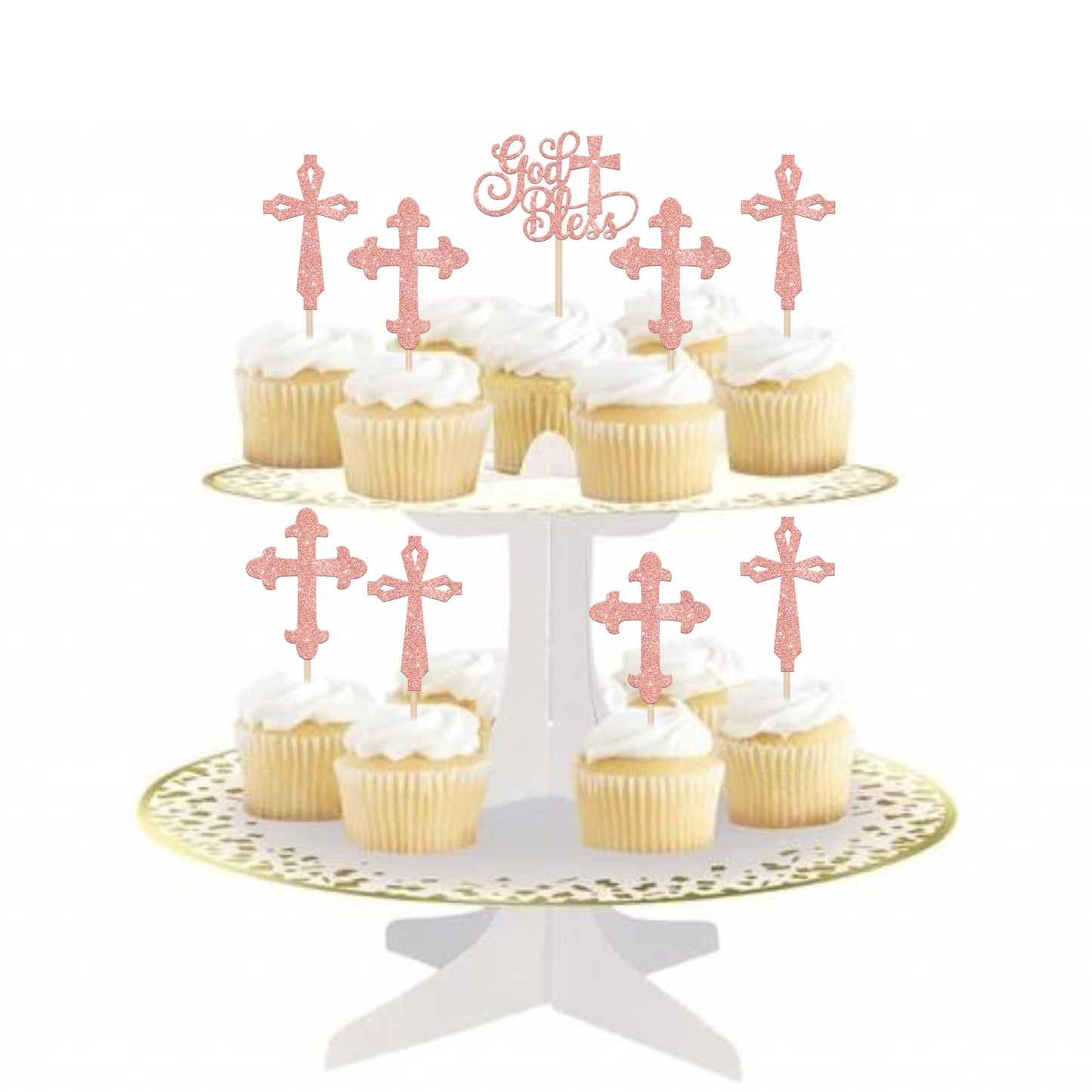 YCTHUNFISH Cupcake Toppers, 24 Pack Glitter Rose Gold, Paper, Religious Baptism and First Holy Communion Decorations