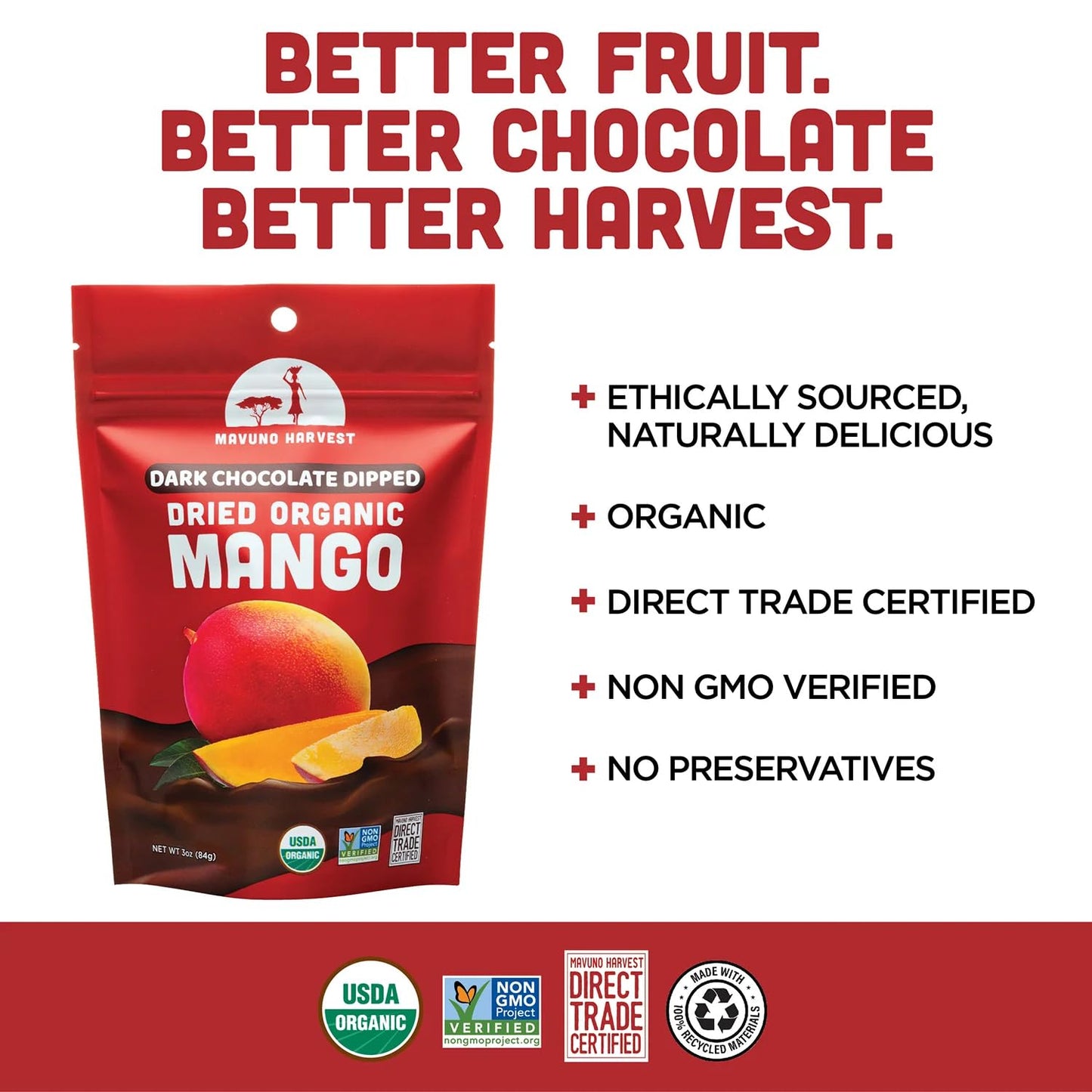 Mavuno Harvest Organic Chocolate Covered Mango - Organic Dried Mango Dipped In Dark Chocolate - Non Gmo, Fair Trade, No Preserva