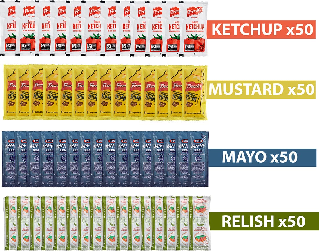 The Seasonal Shop Condiment Packets Variety Pack - 50 Single Serve Portions of Ketchup, Mustard, and Mayo - 200 Piece Set