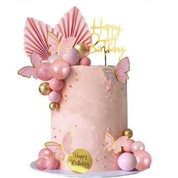 Happy Birthday Cake Topper Pink Balls Cake Topper Butterfly Balls Cake Decorations For Baby Shower Wedding Birthday Boho Party S