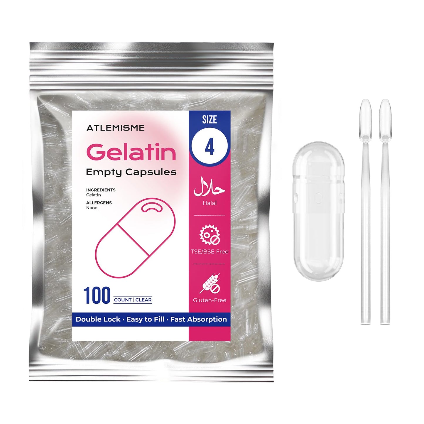 ATLEMISME Empty Gelatin Capsules Size 4 - 100 Count Clear Gel Caps with 2 Filling Spoons