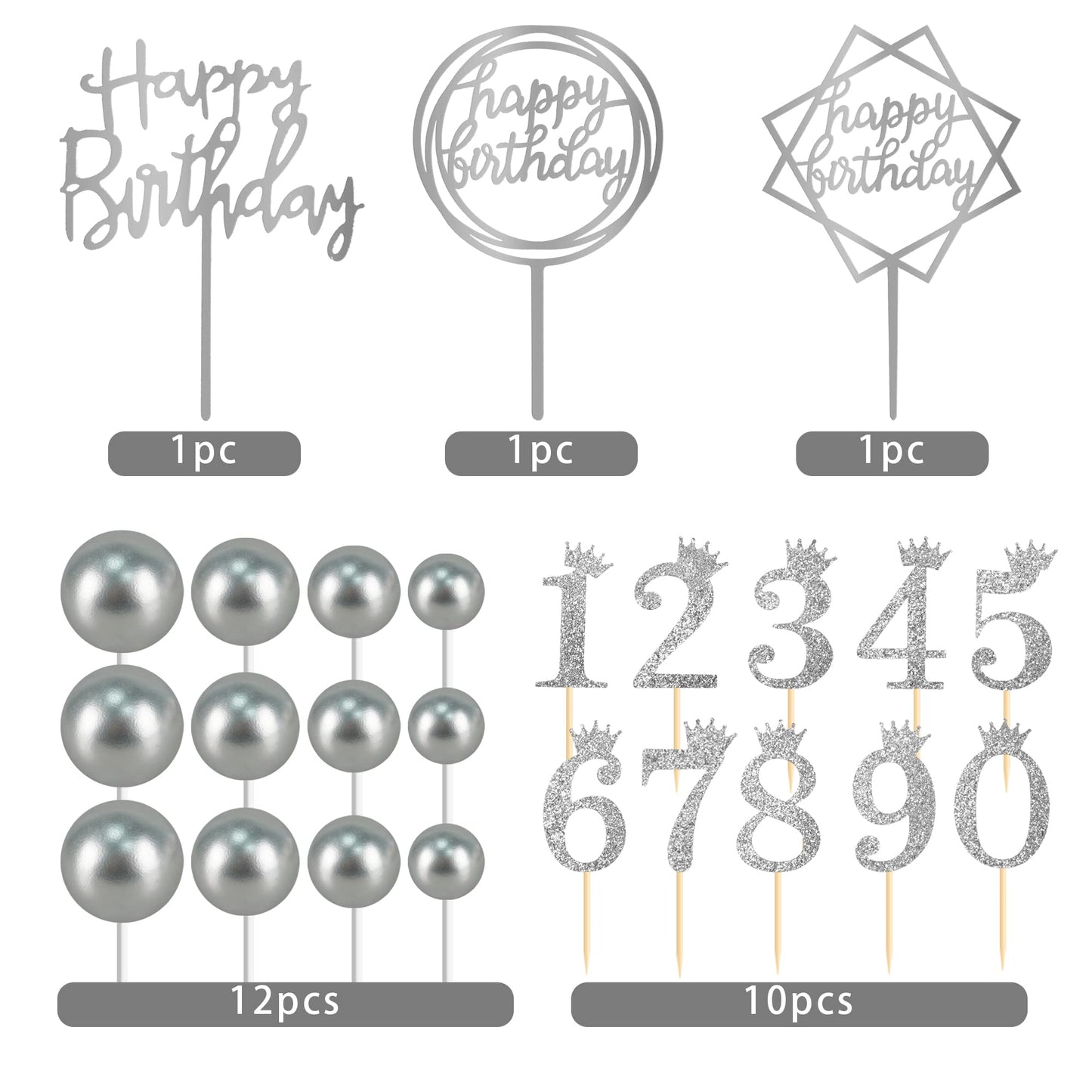 25 Pcs Birthday Cake Topper Set, Acrylic Happy Birthday Cake Toppers Numbers 0-9 Crown Cake Topper Ball Shaped Cake Insert Toppe