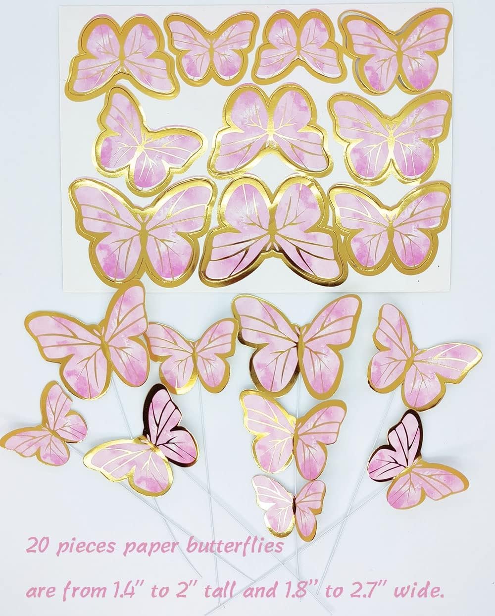 HaakLux Rose Gold Butterfly Cake Topper Set, Paper, Includes 20 Pink Cupcake Toppers, Happy Birthday Party Decor