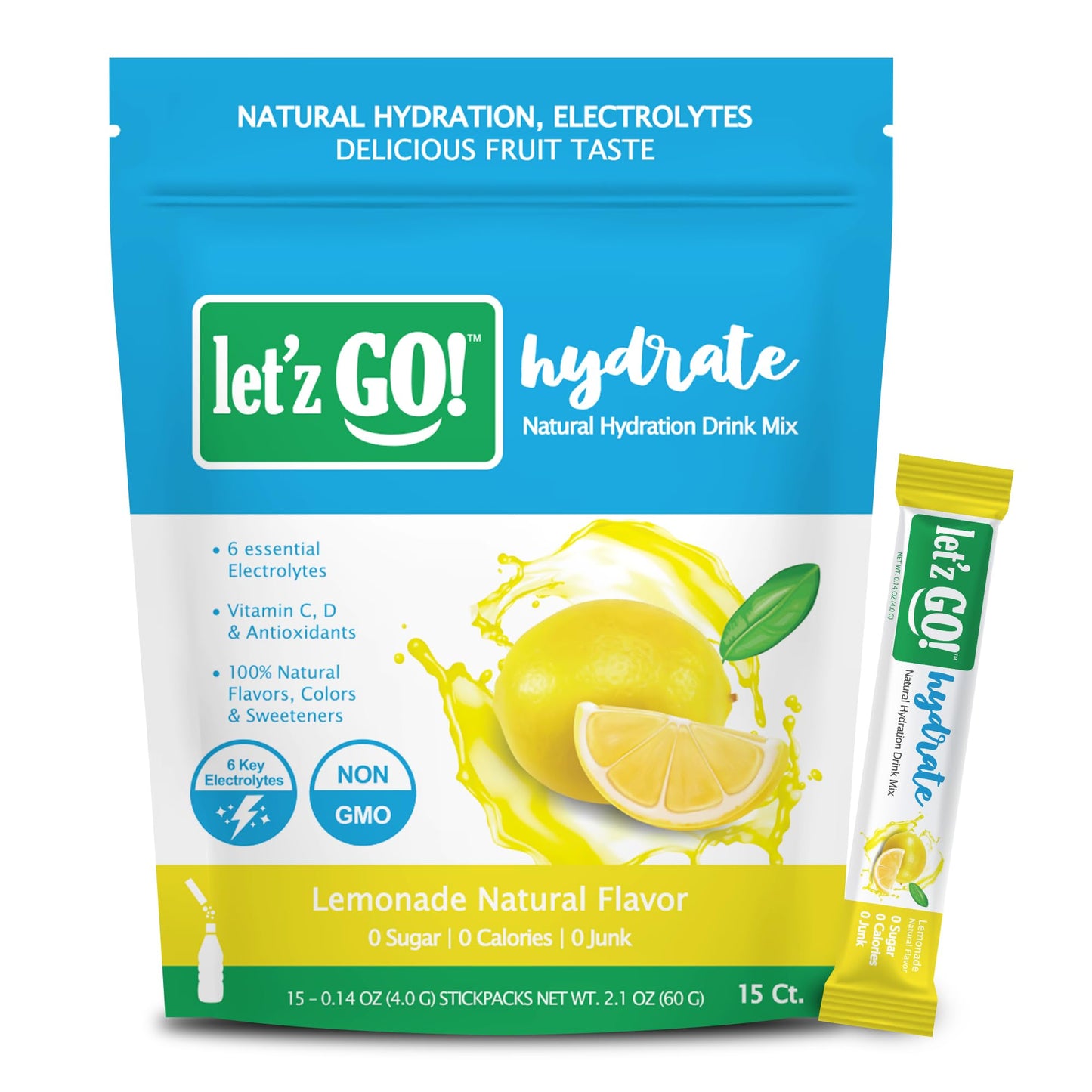 Letz Go! Hydrate Electrolyte Drink Mix, Natural Flavors, No Sugar, 15 Count Pack, Lemonade