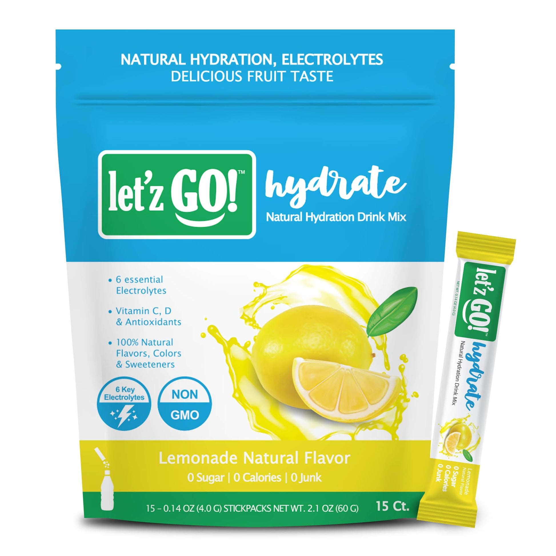 Letz Go! Hydrate Electrolyte Drink Mix, Natural Flavors, No Sugar, 15 Count Pack, Lemonade