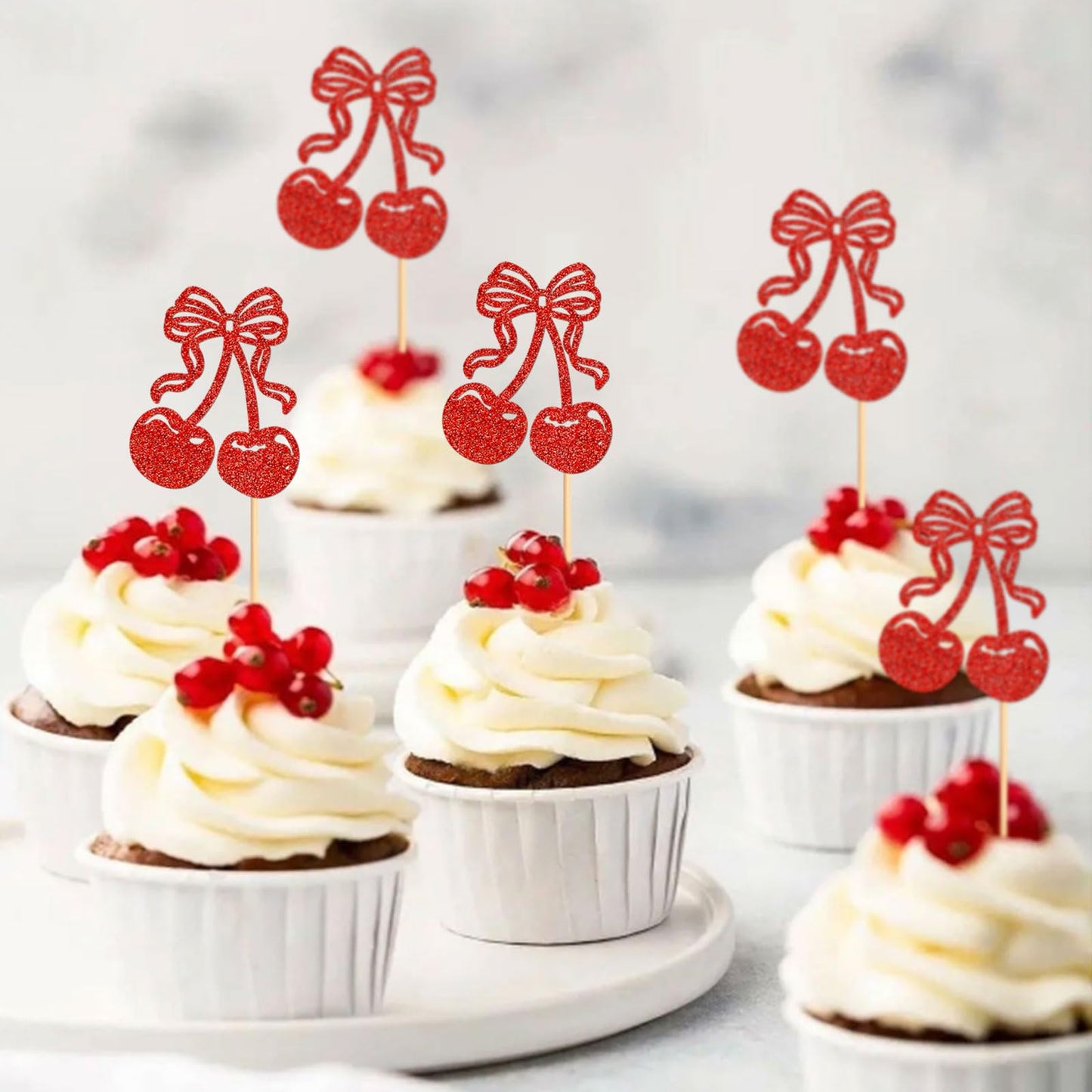 Cyodoos Cherry Cupcake Toppers, 24 Pcs Fruit Theme Decorations for Kids Birthday Party, Red