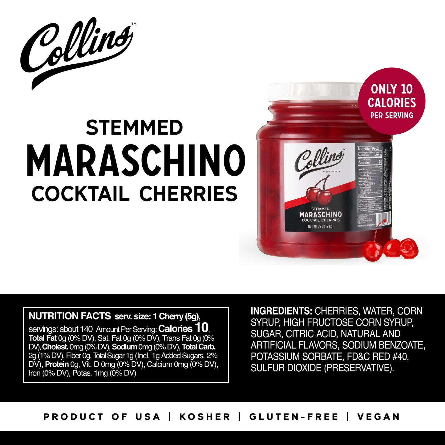 Collins Maraschino-Flavored Cherries Bulk Garnish 72 oz Set of 1 Red