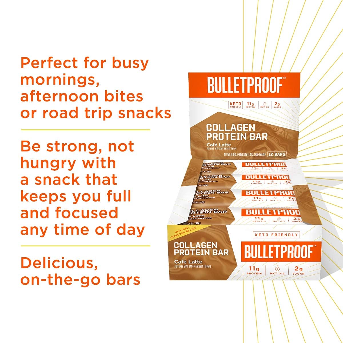 Collagen Protein Bars, Caf   Latte, 11G Protein, 12 Pack, Bulletproof Grass Fed Healthy Snacks, Made With Mct Oil, 2G Sugar, No
