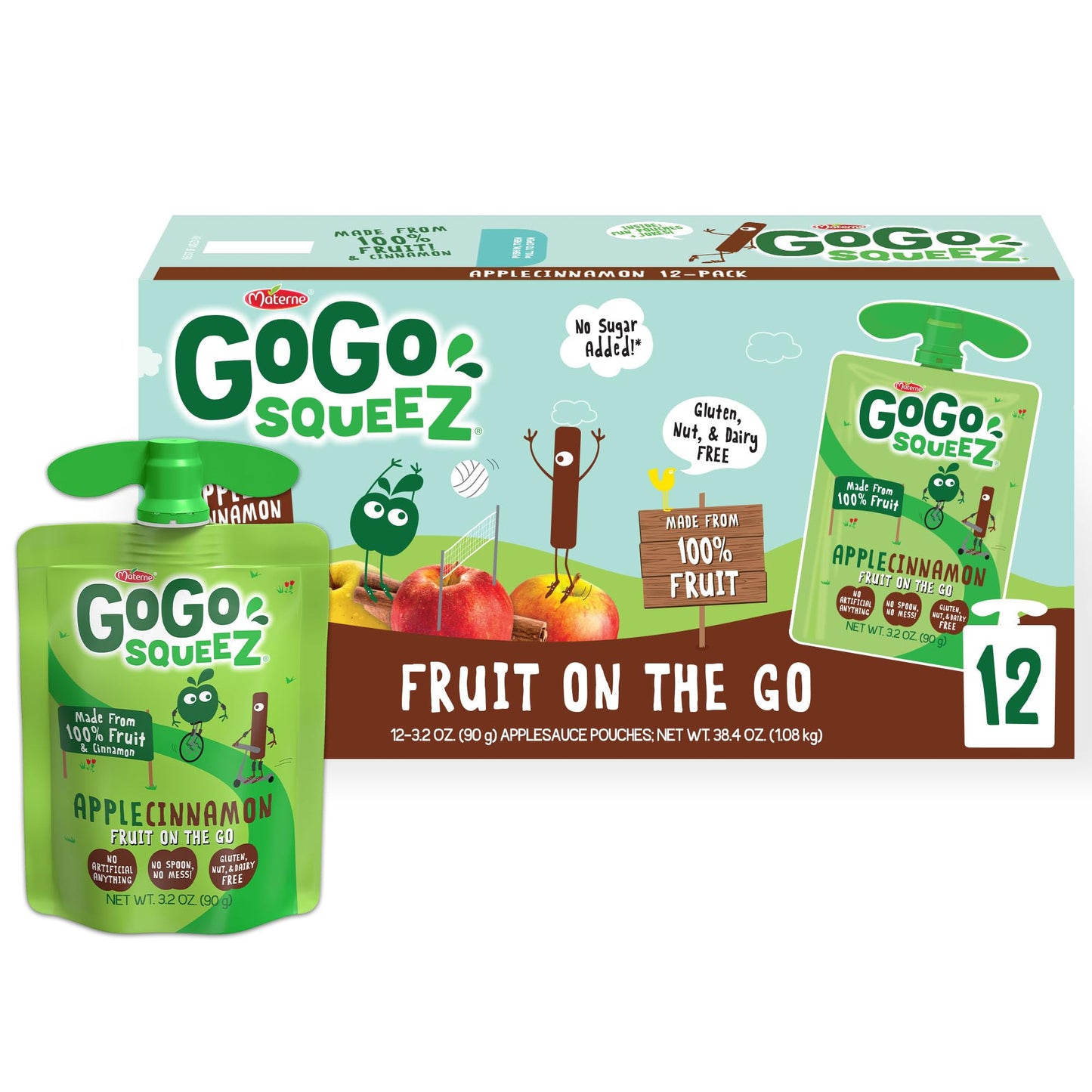 GoGo squeeZ Fruit on the Go  Apple Cinnamon  3.2 oz (Pack of 12)  Unsweetened Fruit Snacks for Kids  Gluten Free  Nut Free and Dairy Free  Recloseable Cap  BPA Free Pouches