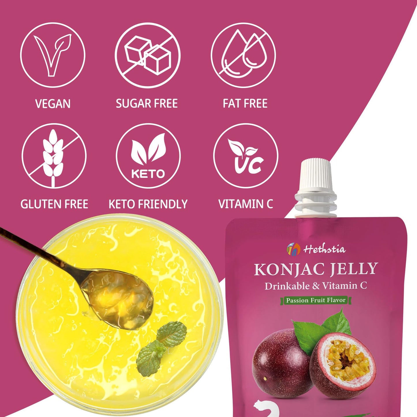 Hethstia Konjac Jelly Drinkable Squeeze Pouch Passion Fruit Flavor, 3 Calories, 10 Packs, 0 Sugar, Vegan, Gluten Free, Keto, Vit