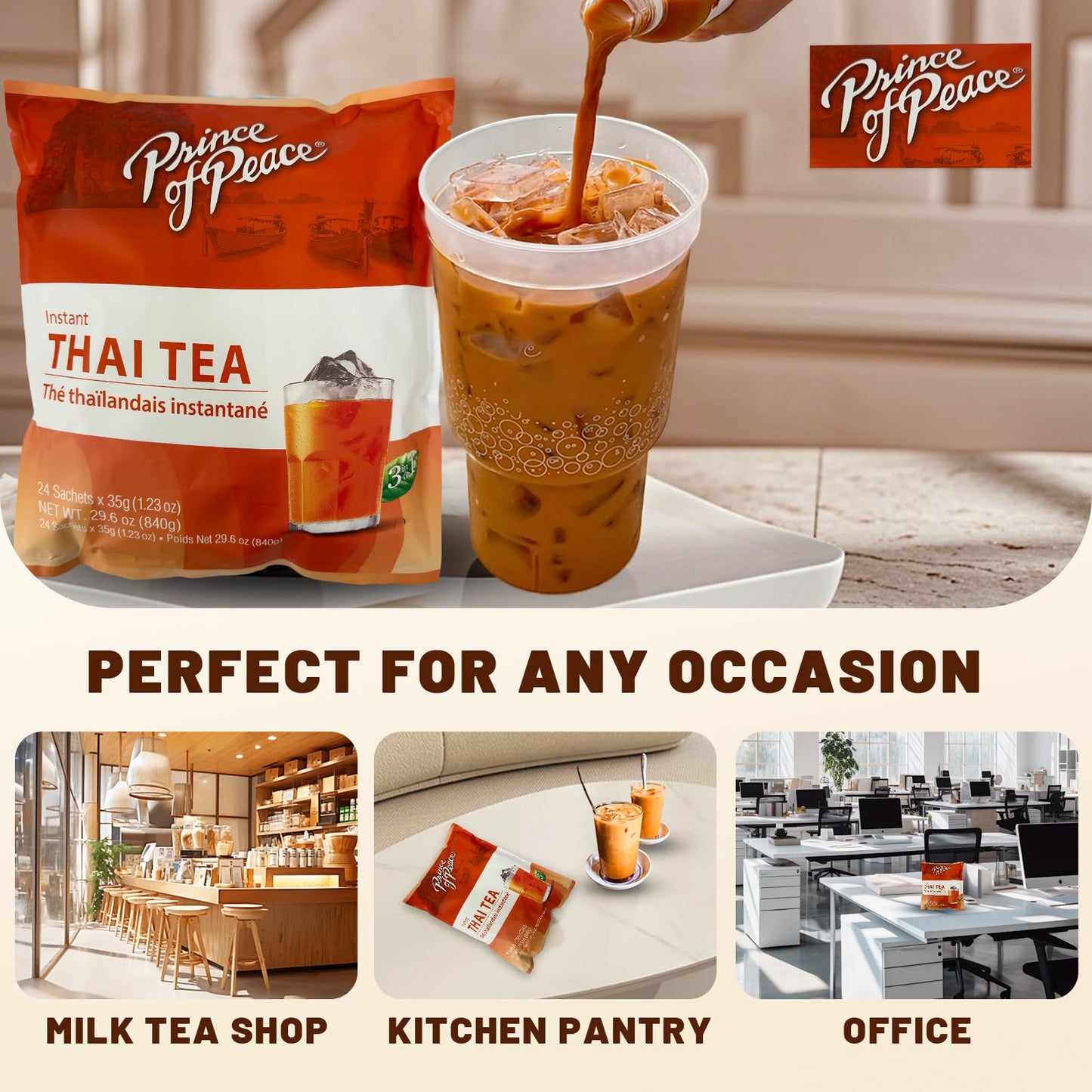 Prince Of Peace 3 In 1 Instant Thai Tea Beverage, 24 Sachets Value Size - Instant Hot Or Cold Beverage - Easy To Brew - Made Wit