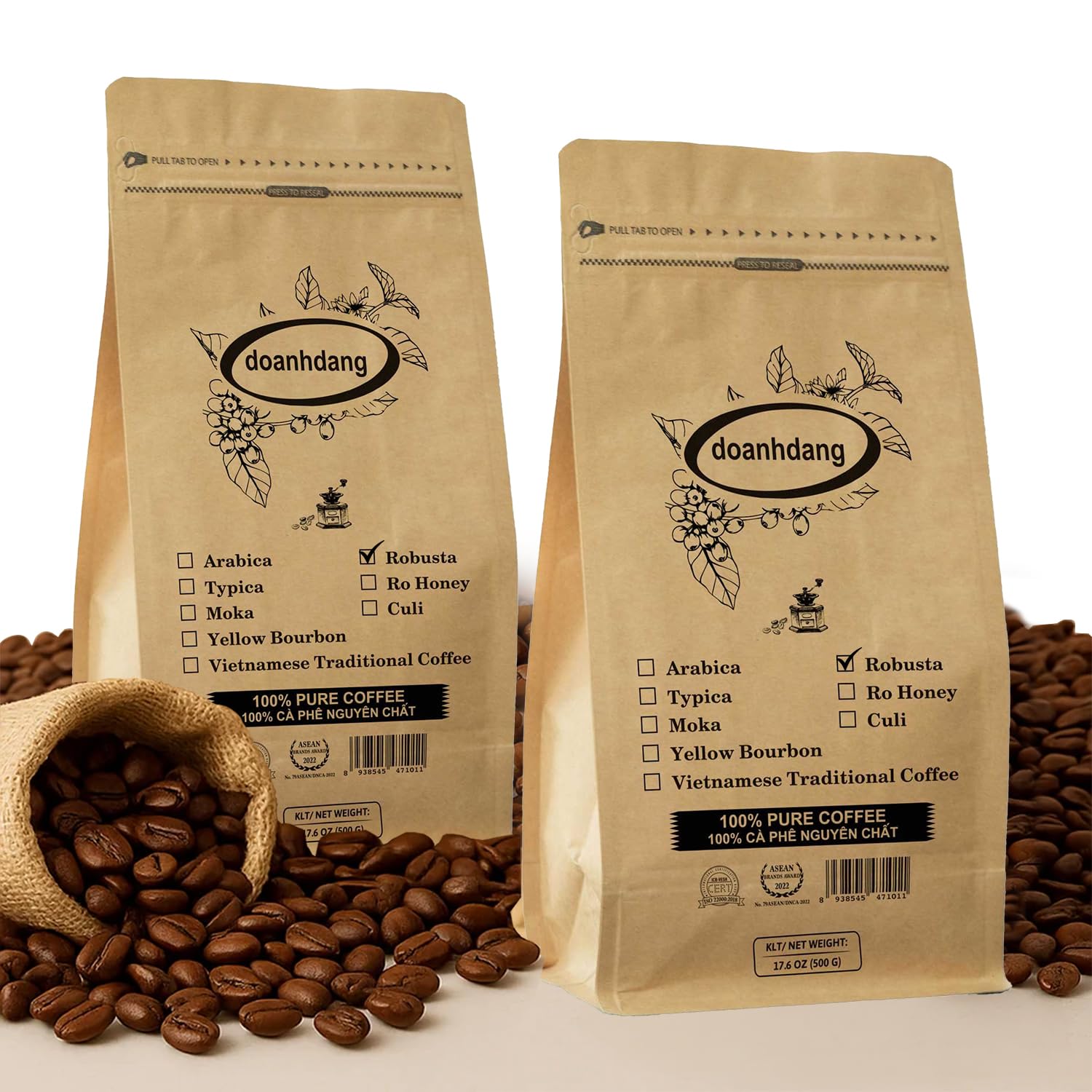 Doanhdang - 35 Oz Enhanced Robusta Whole Bean Coffee, 100% Robusta Medium Roast, Rich Flavor For Espresso Shot And Brew, Origin From Vietnam, Whole Med Roast Beans