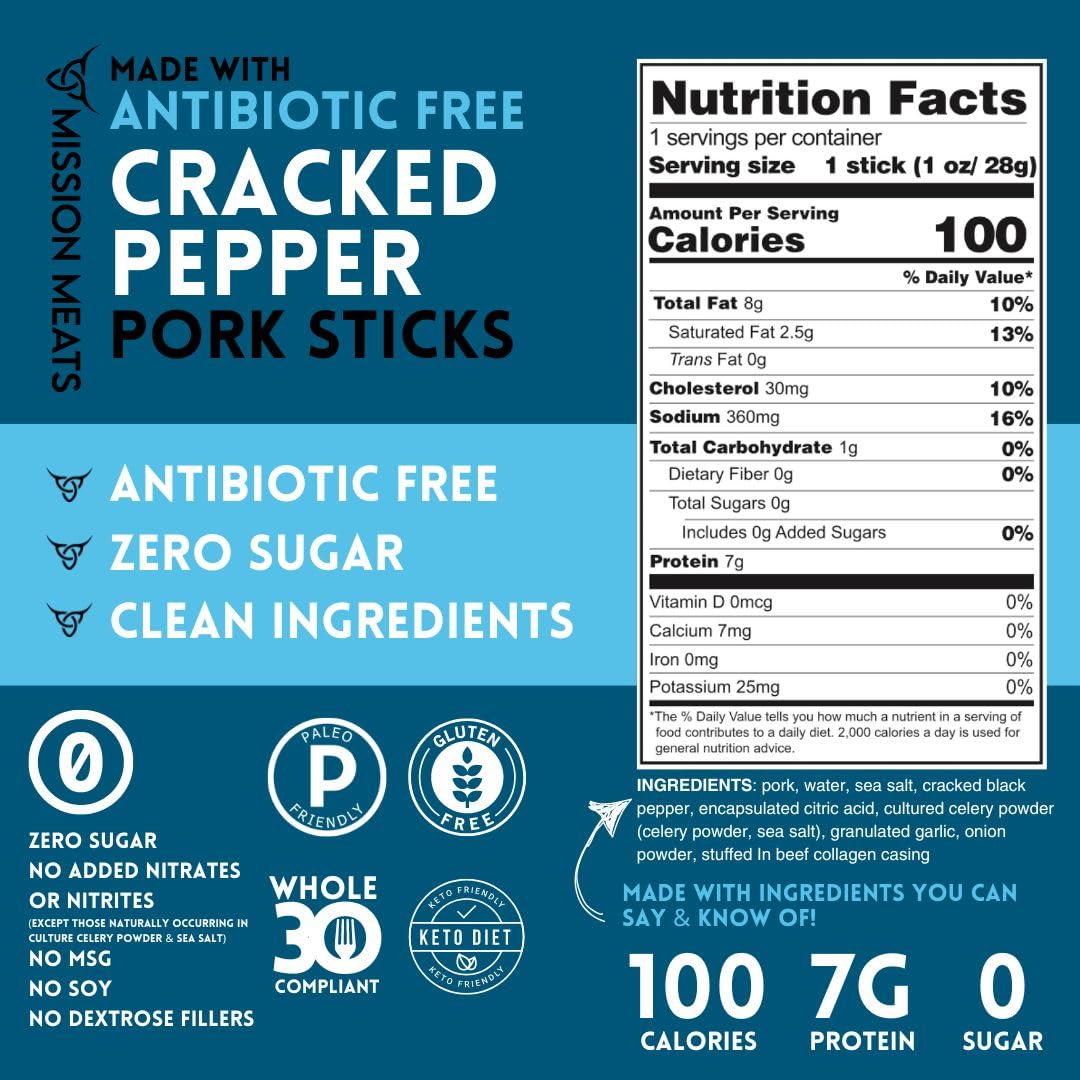 Mission Meats  ed Pepper Pork Meat Sticks, Sugar Free, AIP Friendly, 1oz (12ct)