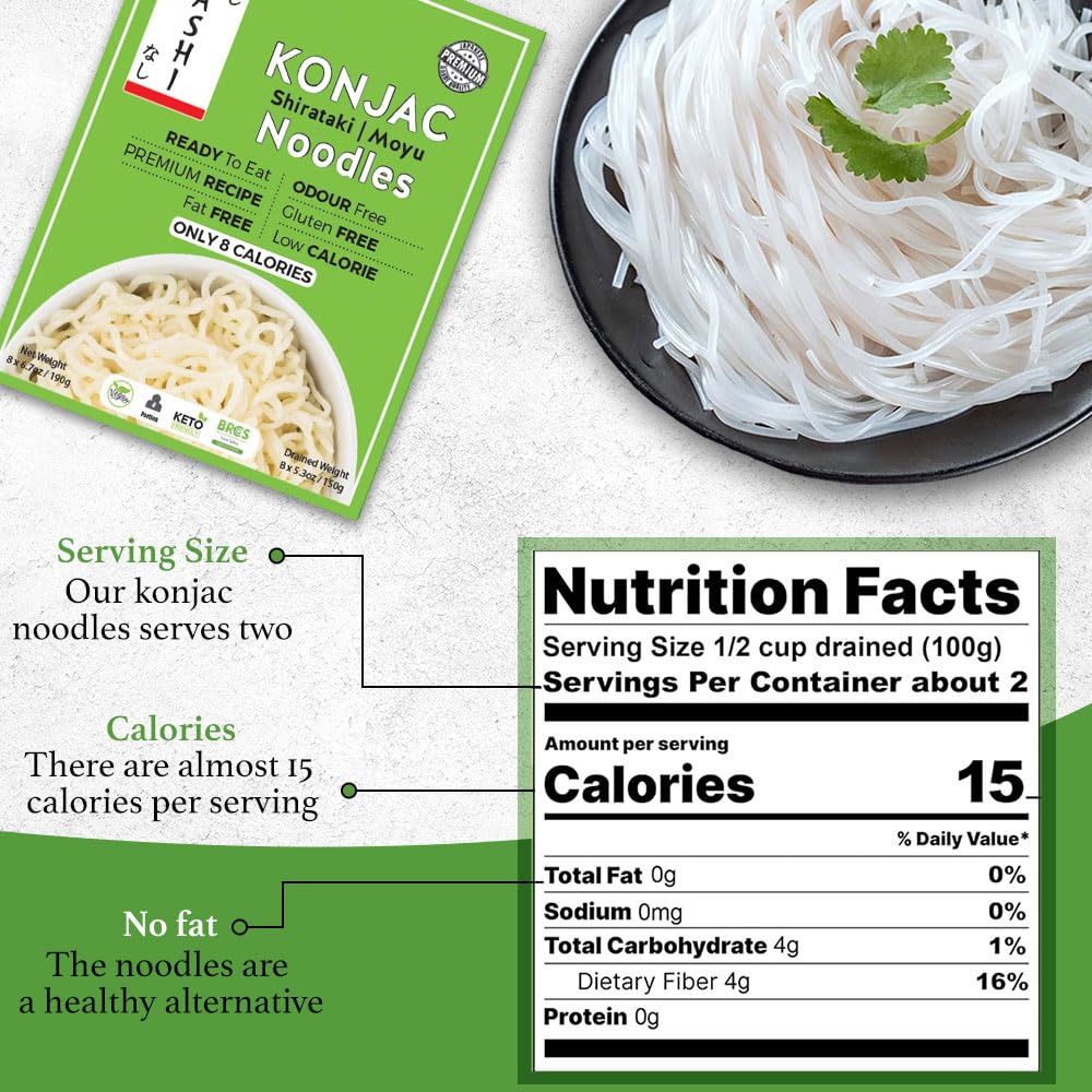 Nashi Shirataki Konjac Premium Noodles - Low Fat, Glucomannan Premium Recipe, Keto Friendly, Suitable For Vegan, Odour Free Low