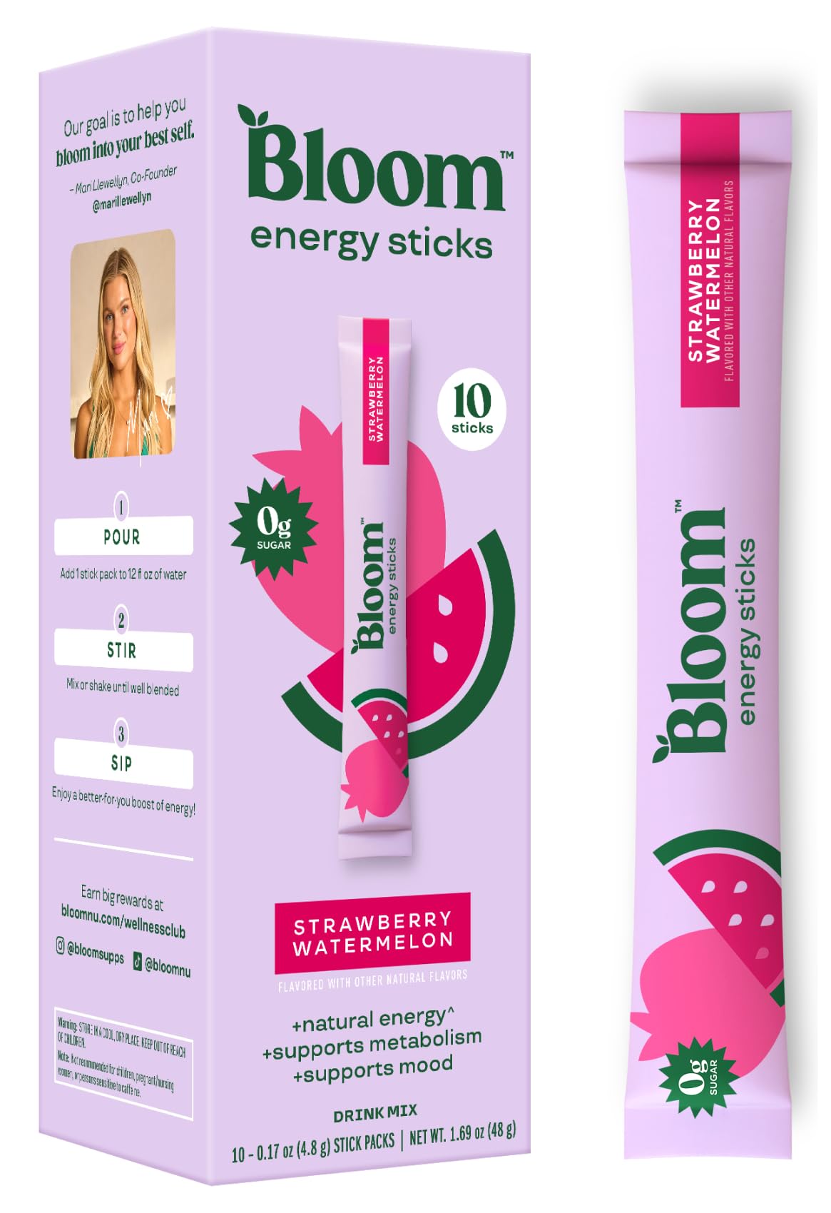 Bloom Nutrition Energy Drink Powder Packets  Sugar Free Energy Drink Mix with L-Theanine  B Vitamins & Natural Caffeine  On the Go Powder Sticks for Natural Energy  10 Calories (10 Pouches (Pack of 1)  Strawberry Watermelon)